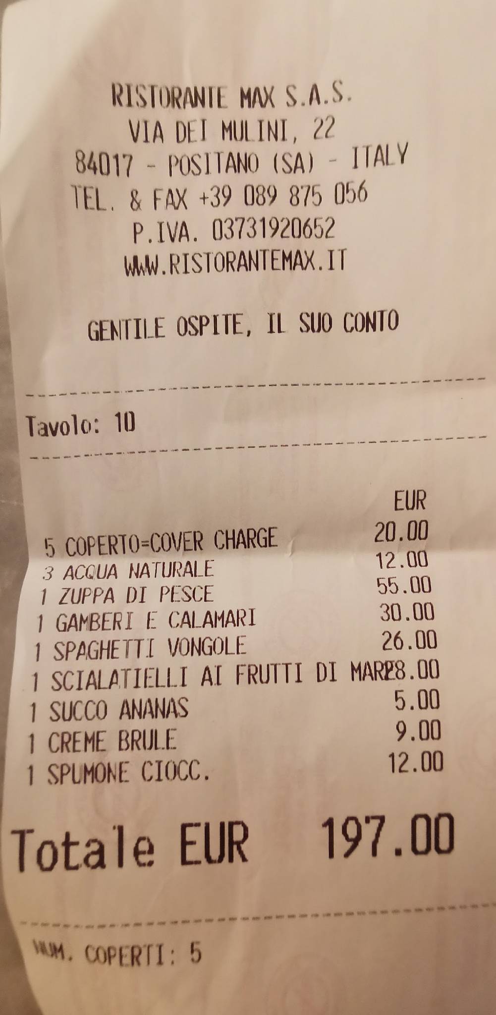 Menu di Ristorante Max Positano 