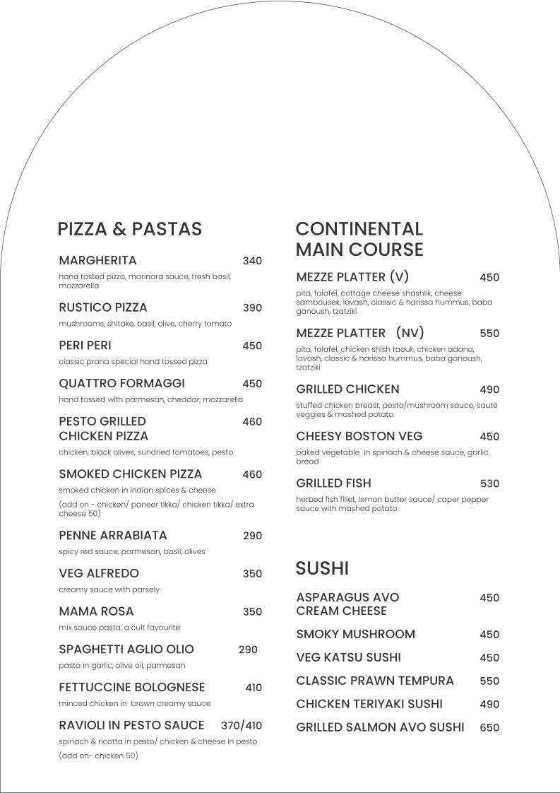 Prana Bar & Kitchen menu