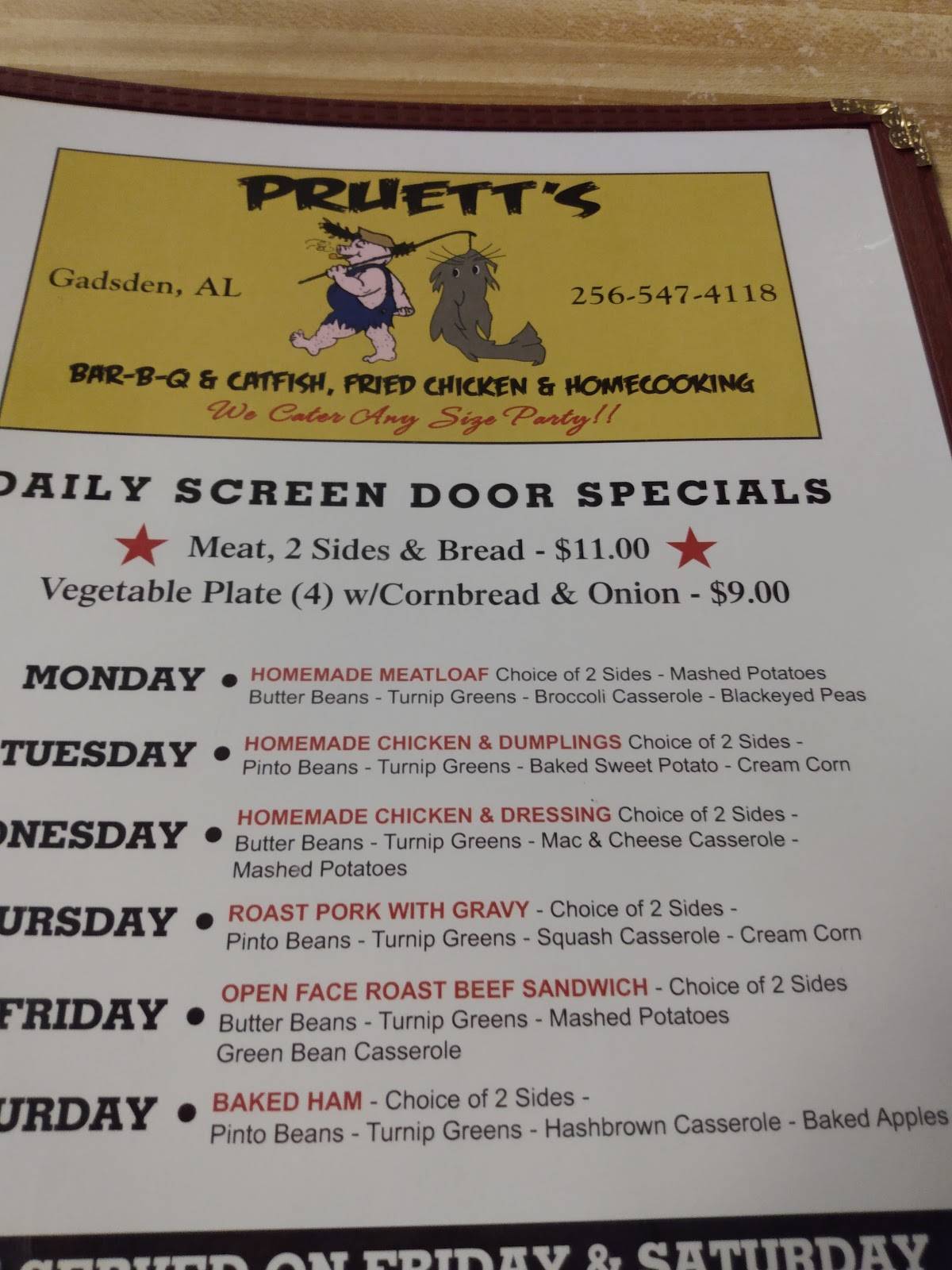 Menu at Pruett's BarBQ, Gadsden