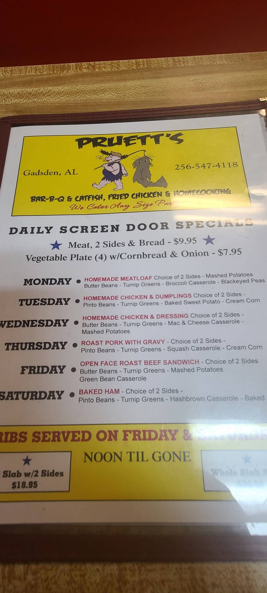 Menu at Pruett's Bar-B-Q, Gadsden