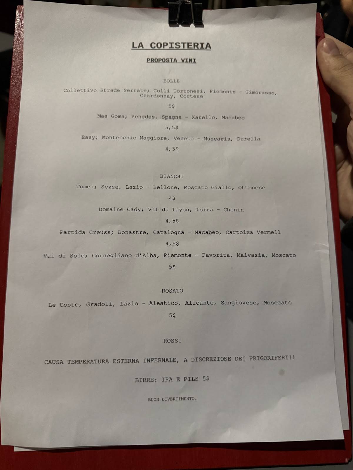 Menu at Bar Bozza, Rome, Via Giulio Rocco