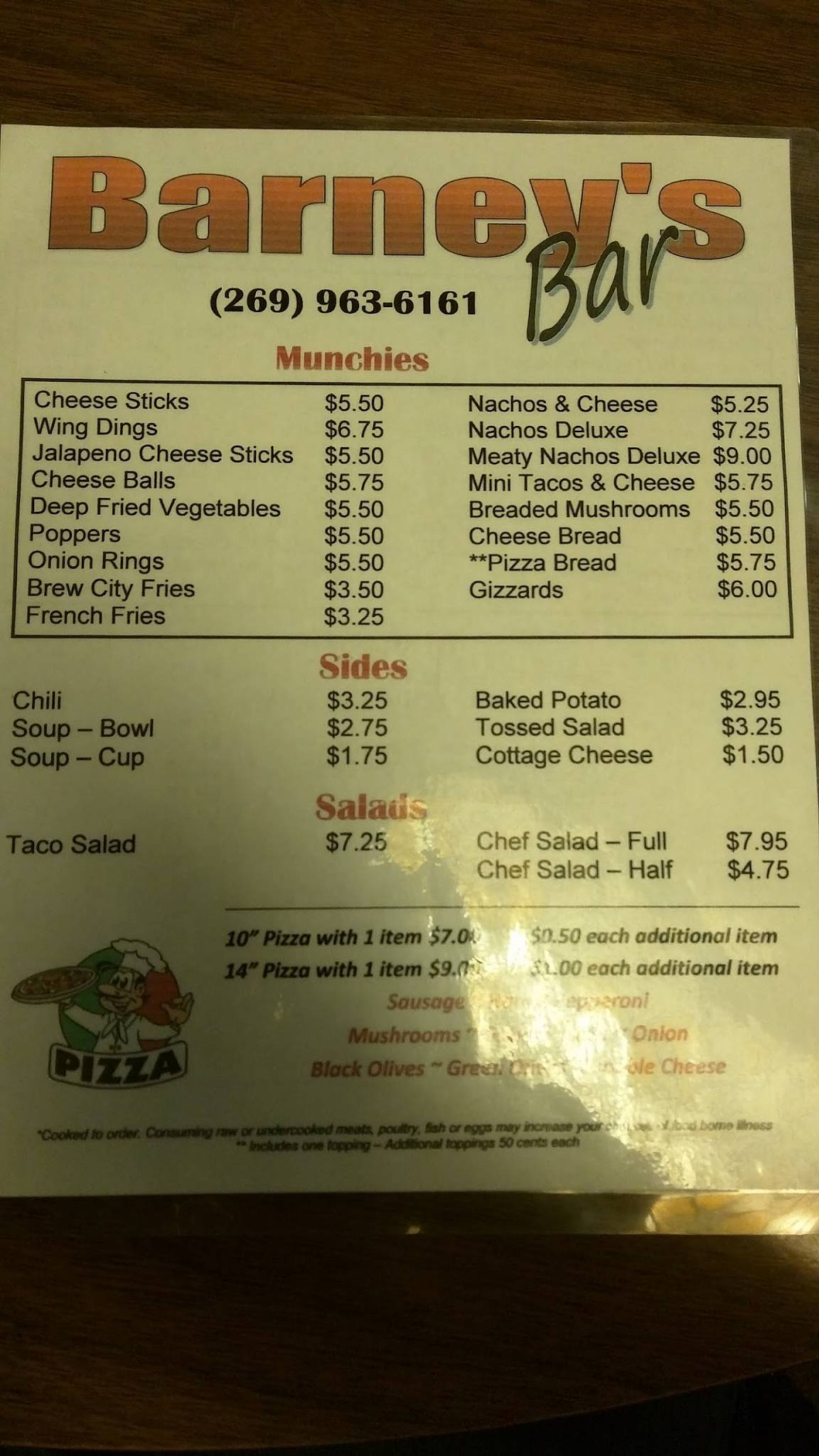 Menu at Barneys Bedford Bar, Bedford charter Township