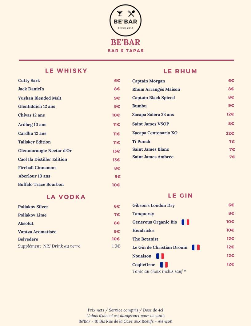 Menu de Be’Bar