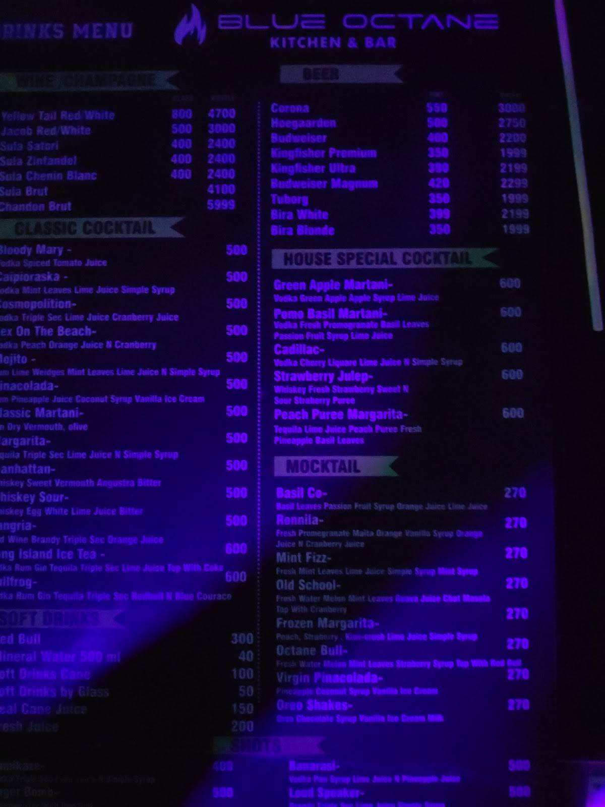 Blue Octane Lounge menu