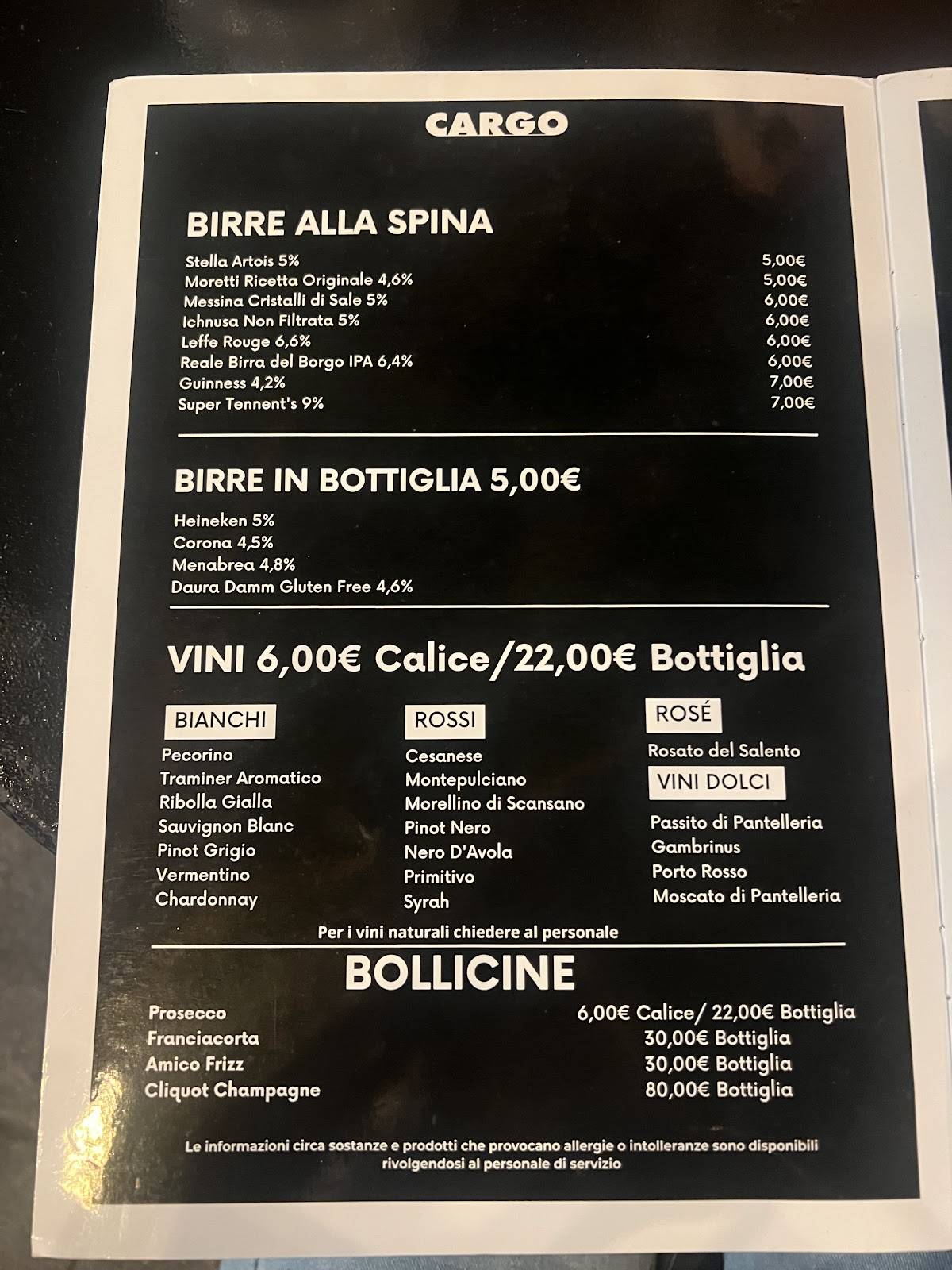 Menu di Cargo al Pigneto 