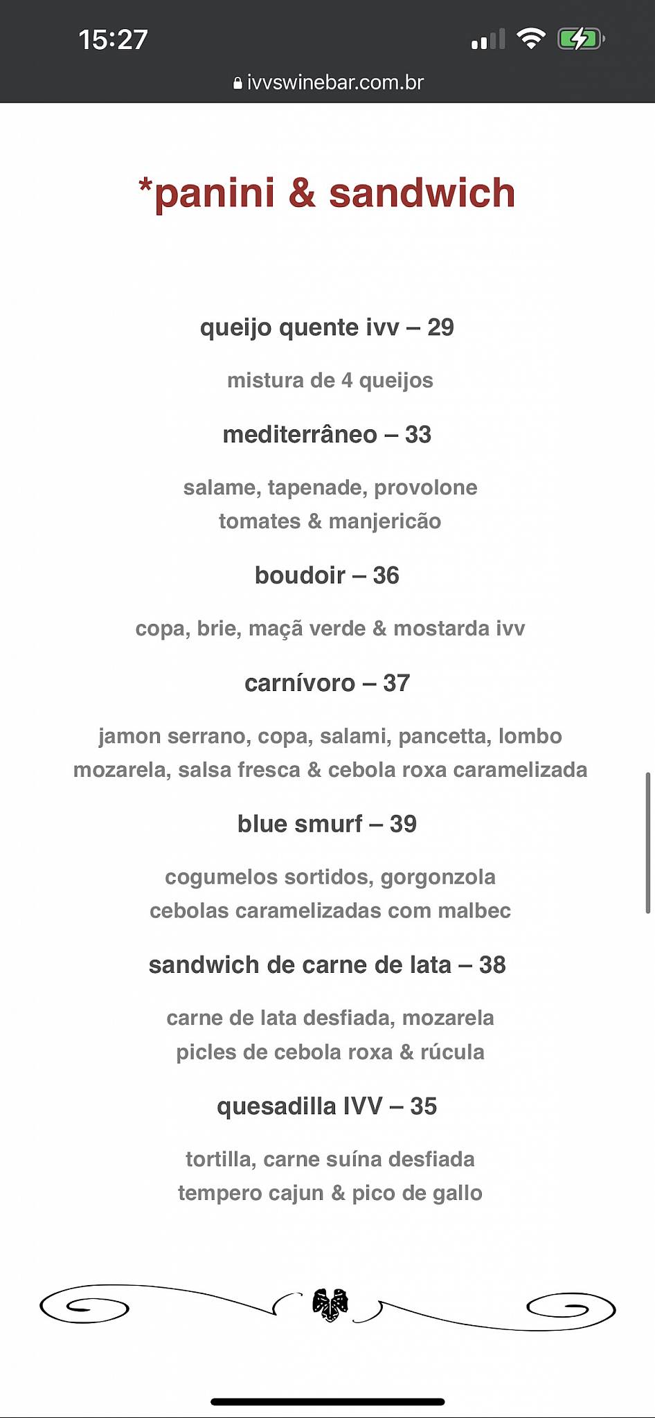 IVV Swinebar - O melhor Bar de Vinhos de Brasília cardápio