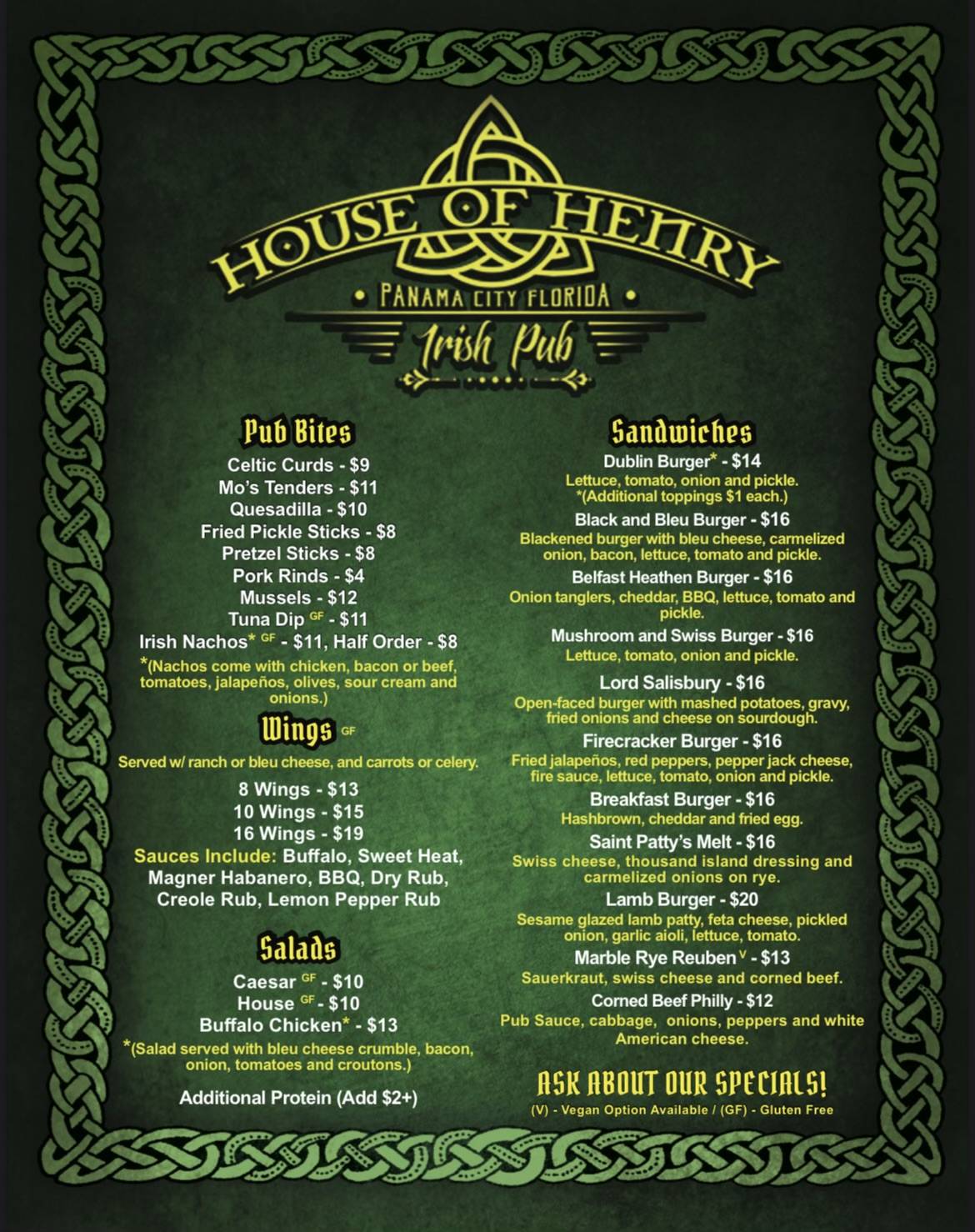 Menu at House of Henry Irish Pub and Restaurant, Panama City