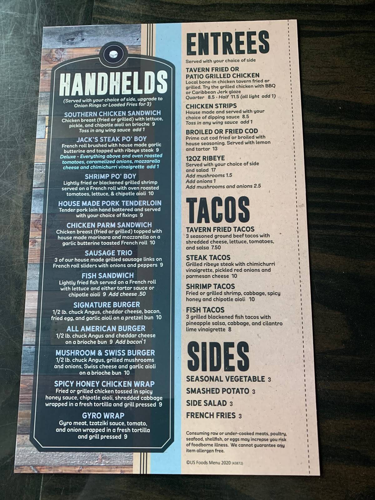 Menu at Jack's Tap pub & bar, Spring Valley
