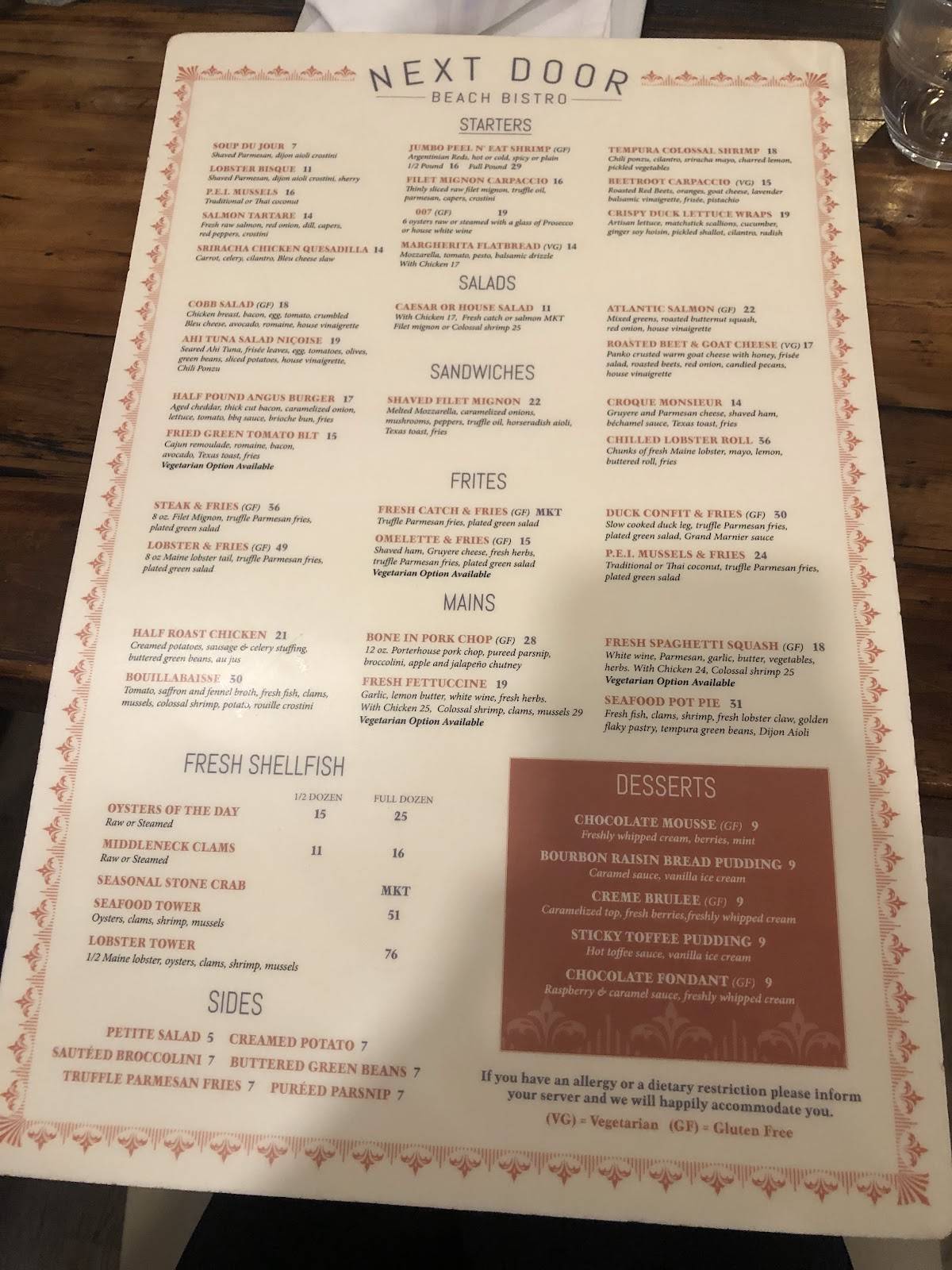 Menu at Next Door Beach Bistro pub & bar, Flagler Beach