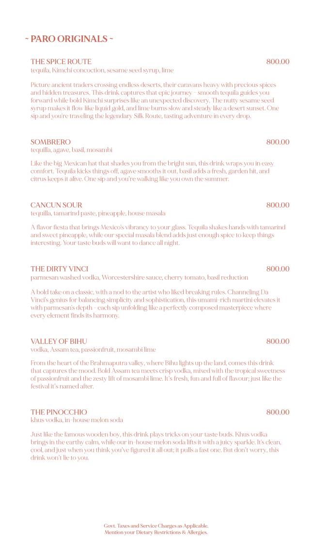 Paro - Modern India Bar menu