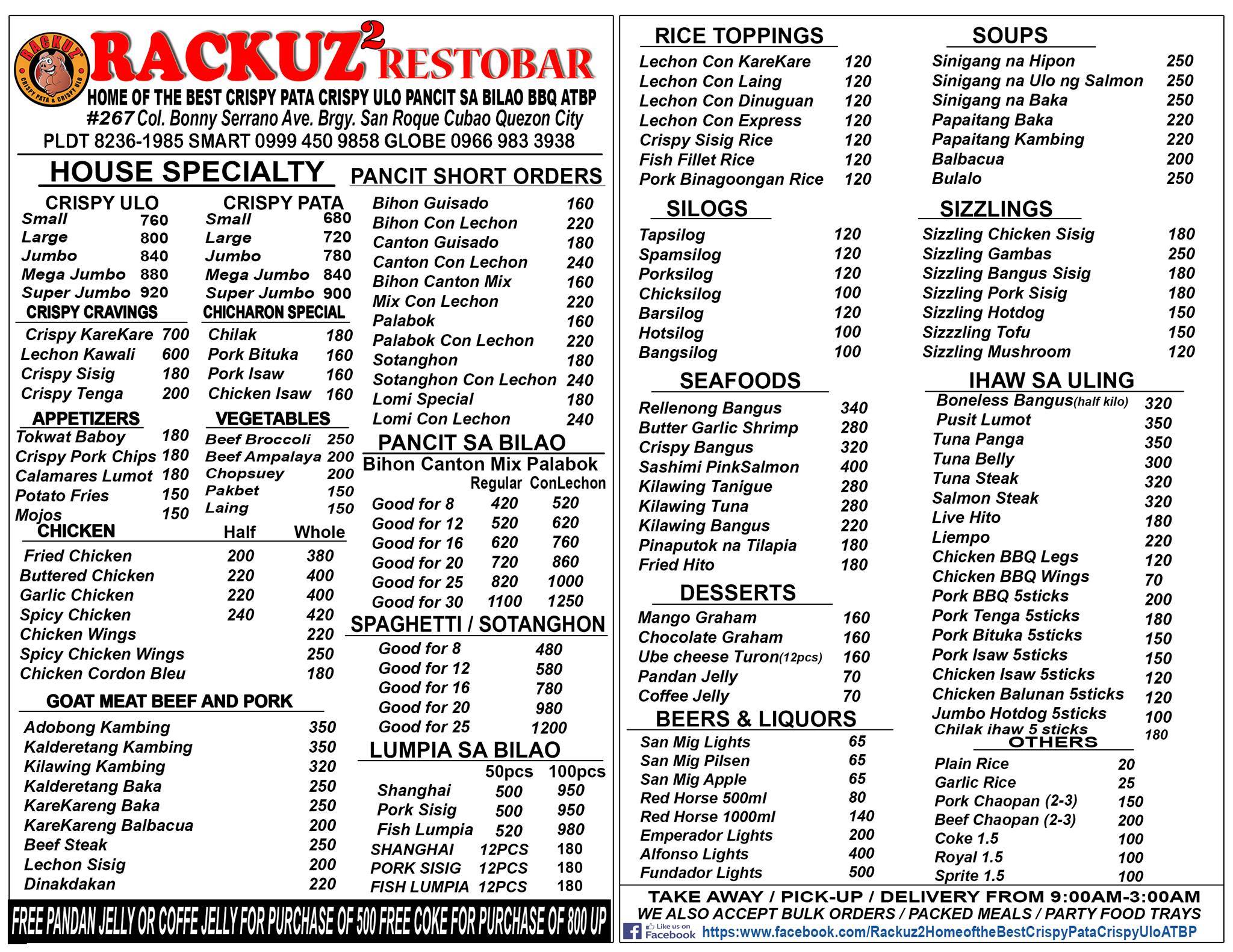 Menu at Rackuz Home of the Best Crispy Pata pub & bar, Quezon City, 12