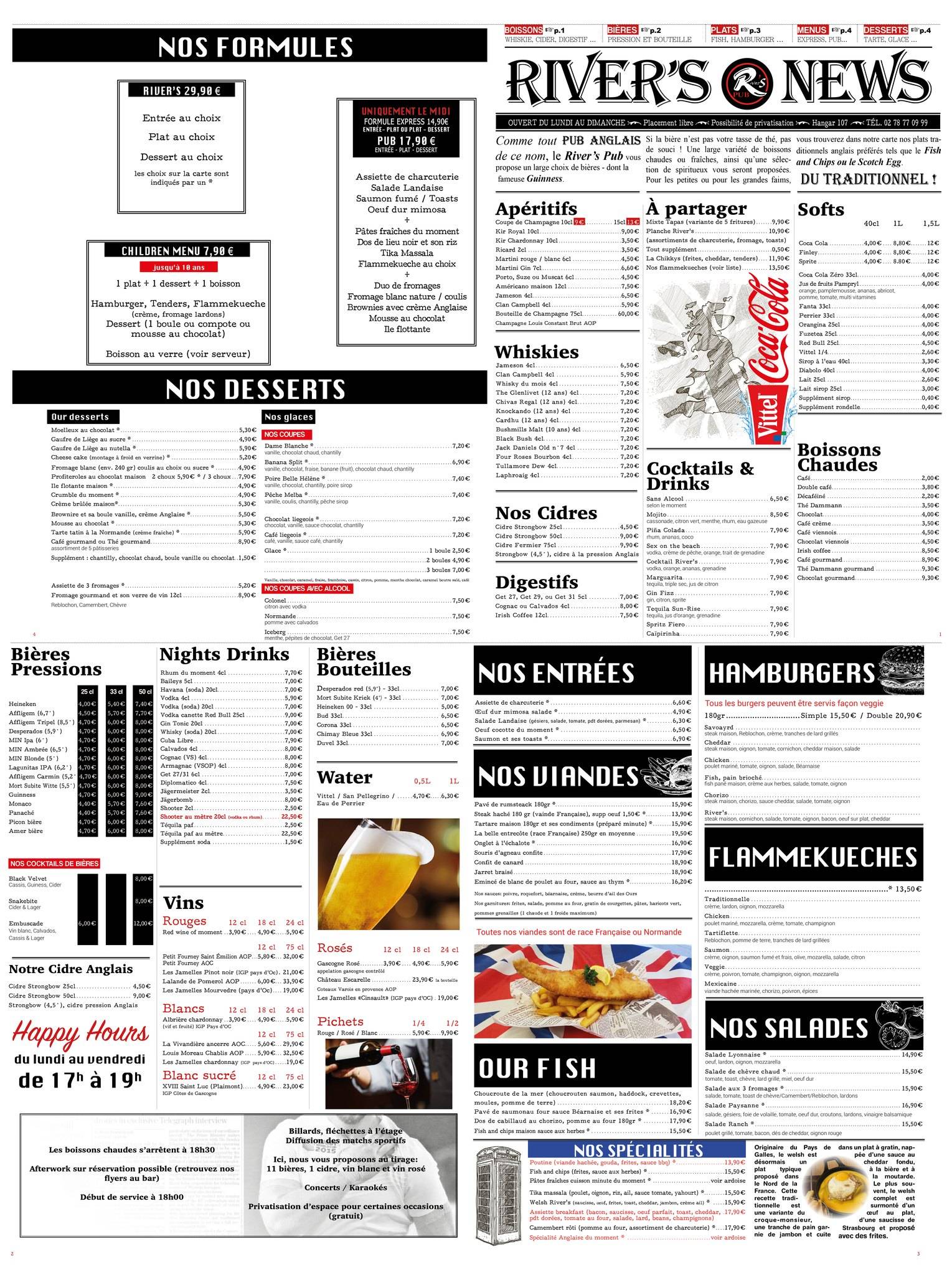 Menu de River's PUB