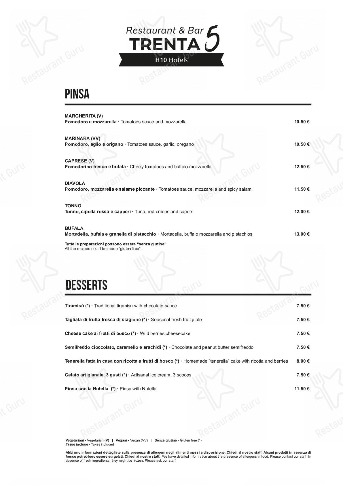 Menu di TRENTA5 Restaurant&Bar
