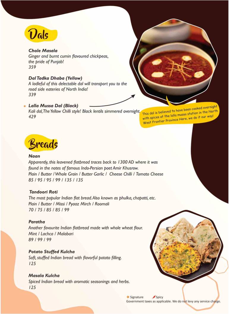 The Yellow Chilli Restaurant menu