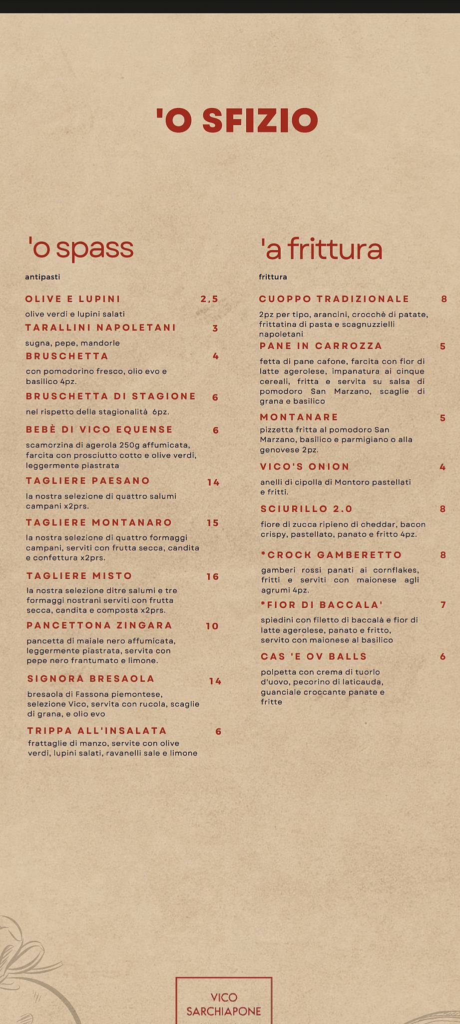 Menu di Vico Sarchiapone, Pub Pizzeria Varcaturo, Napoli Food Tour, locale SKY, American Bar, Sala Biliardo