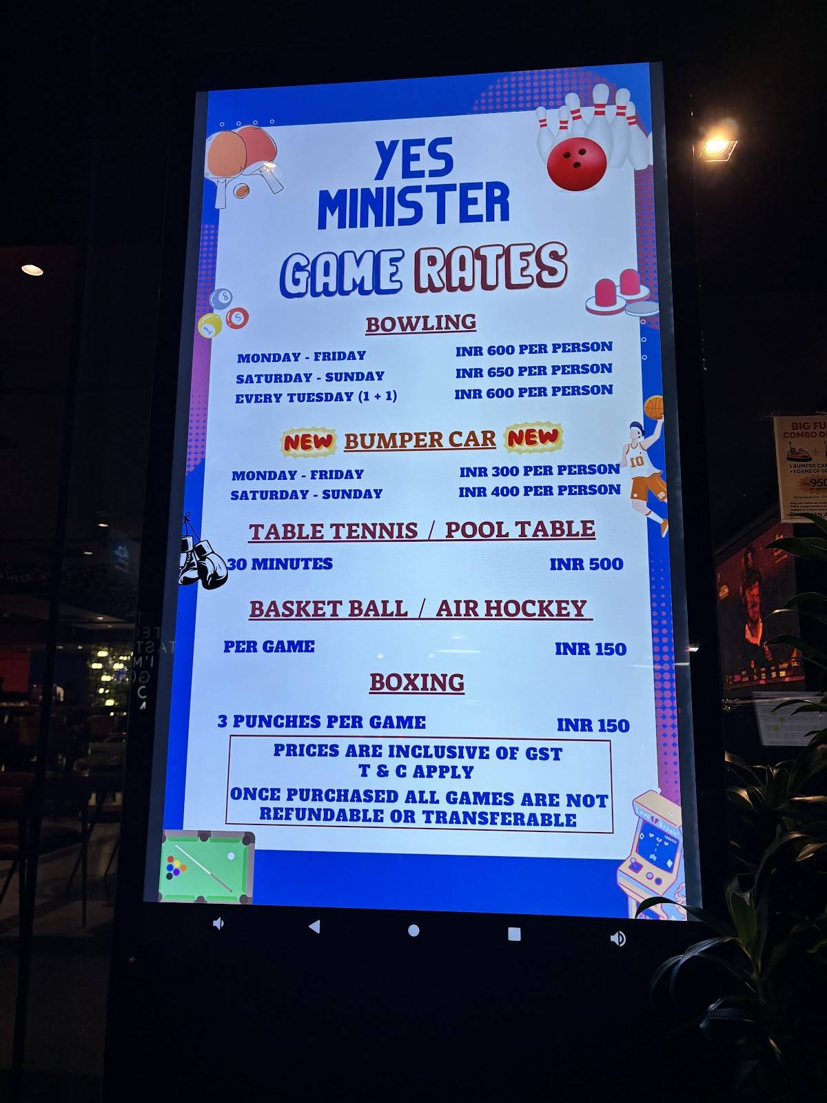 Yes Minister Bowling, Bar & Kitchen menu