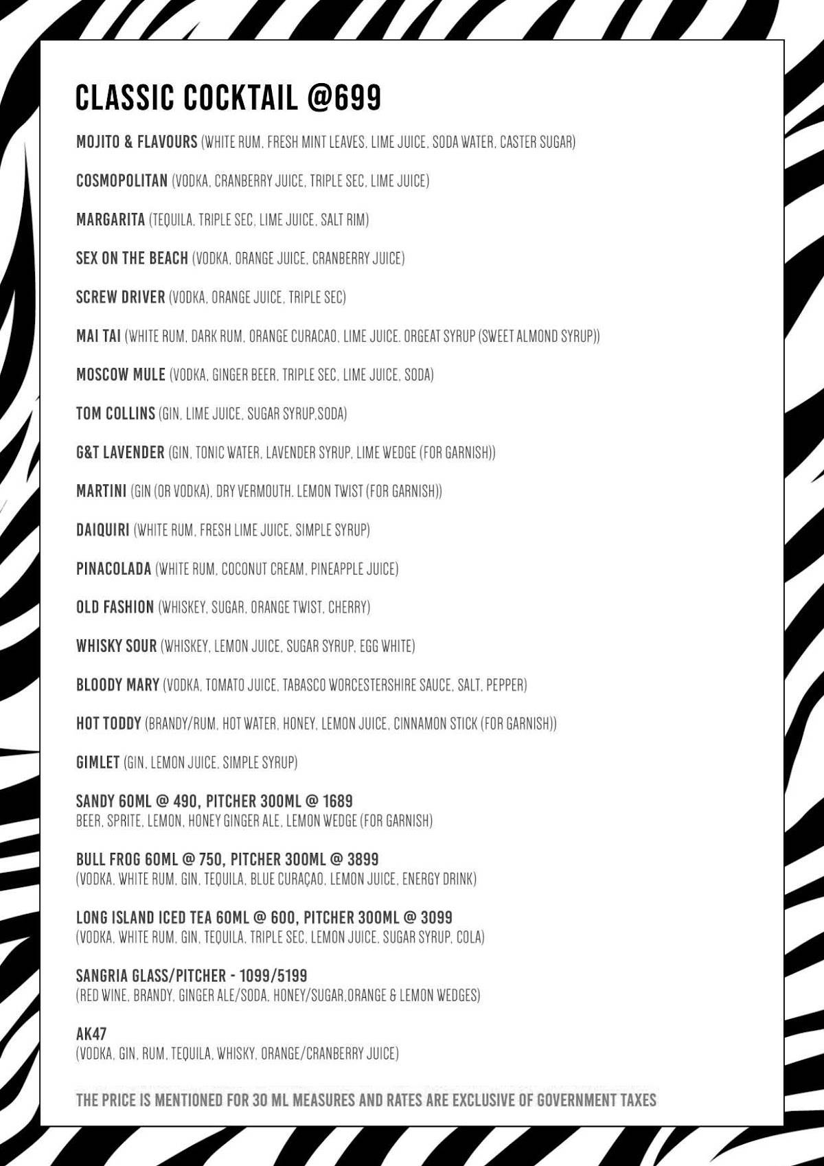 Zebra Crossing Lounge menu