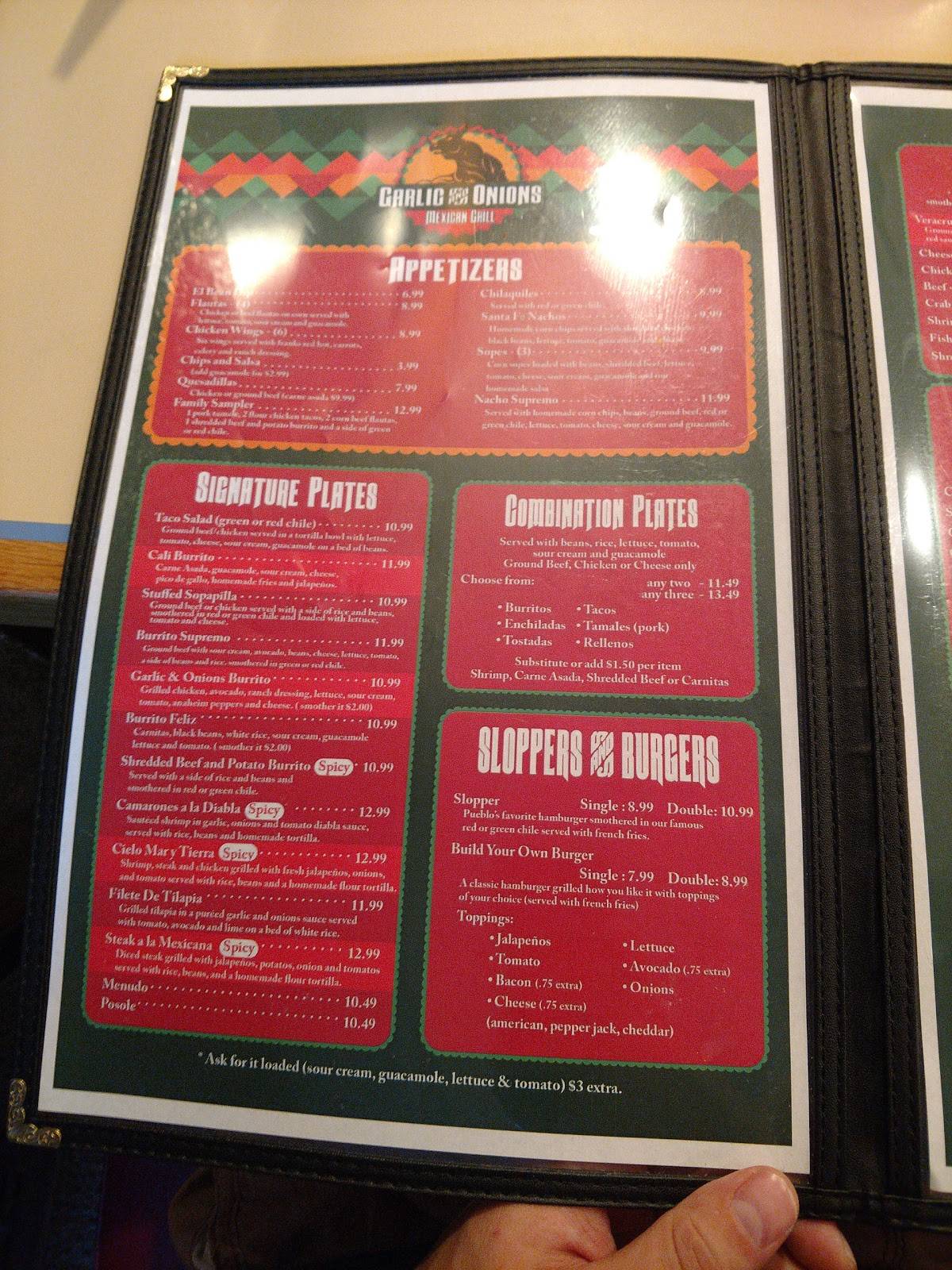 Menu at Garlic & Onions Mexican Grill restaurant, Pueblo
