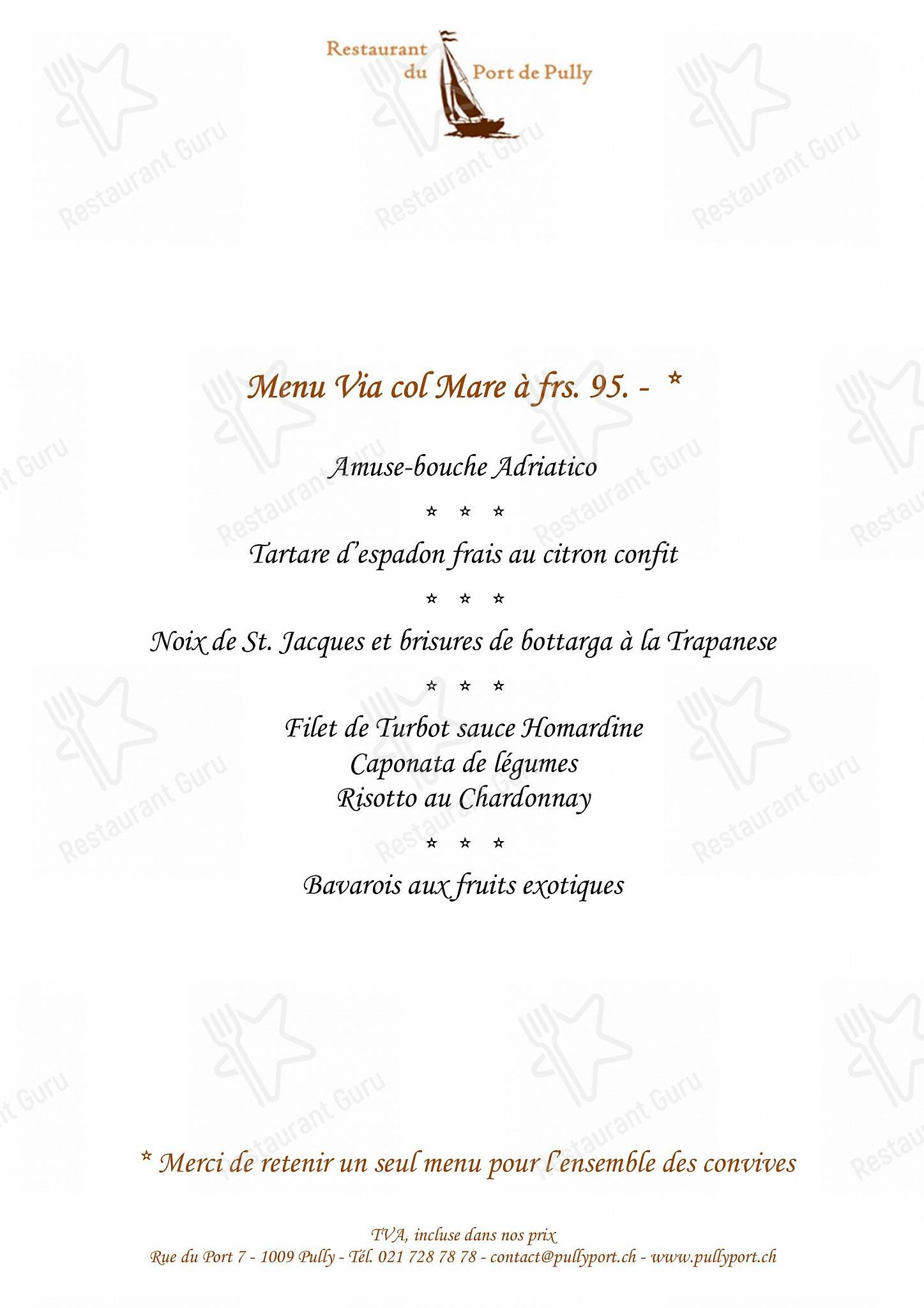 Menu di Restaurant du Port de Pully - Sunday Lunch Sample Menu