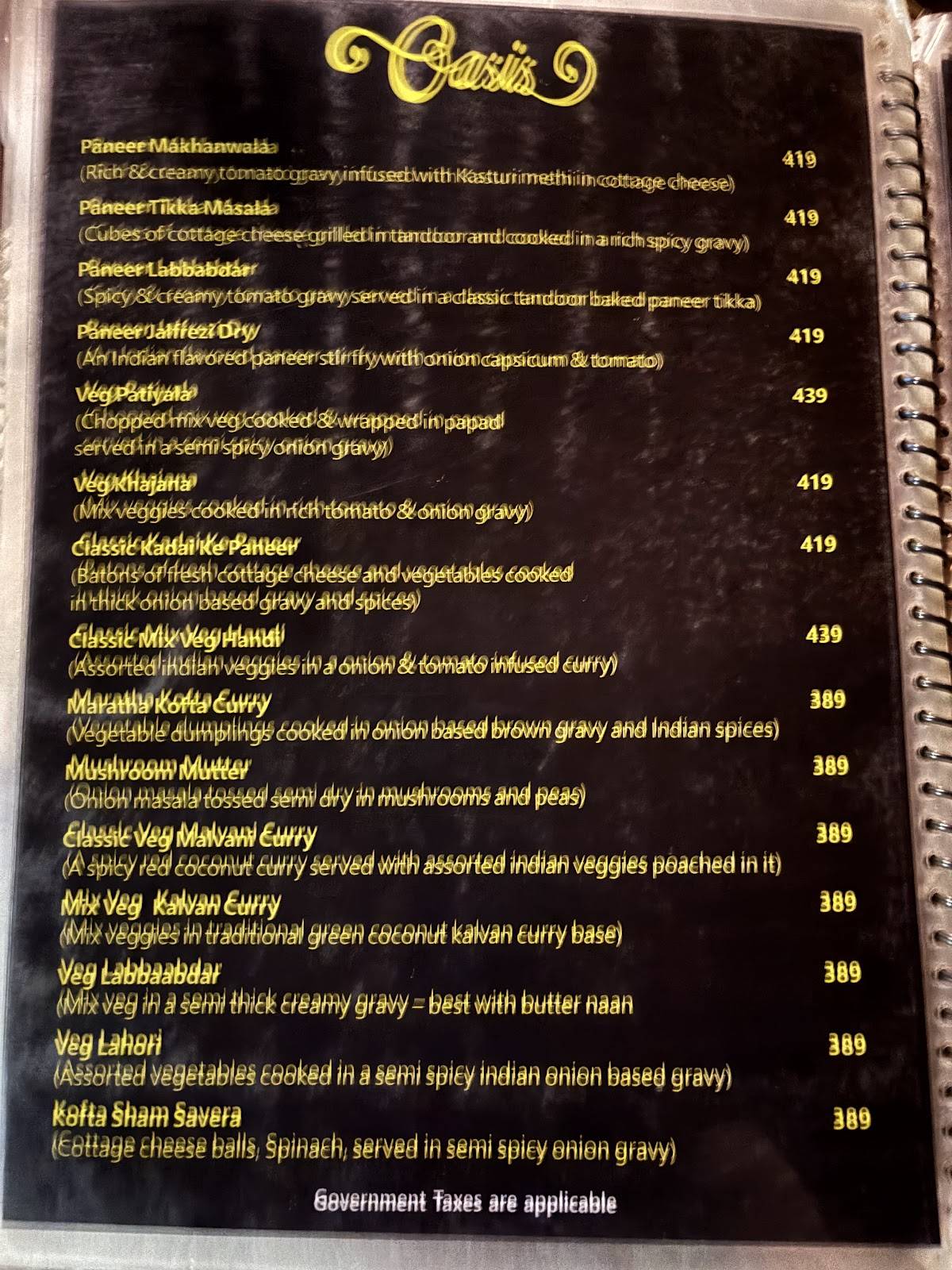 OASIS RESTAURANT, BAR & BANQUETS menu
