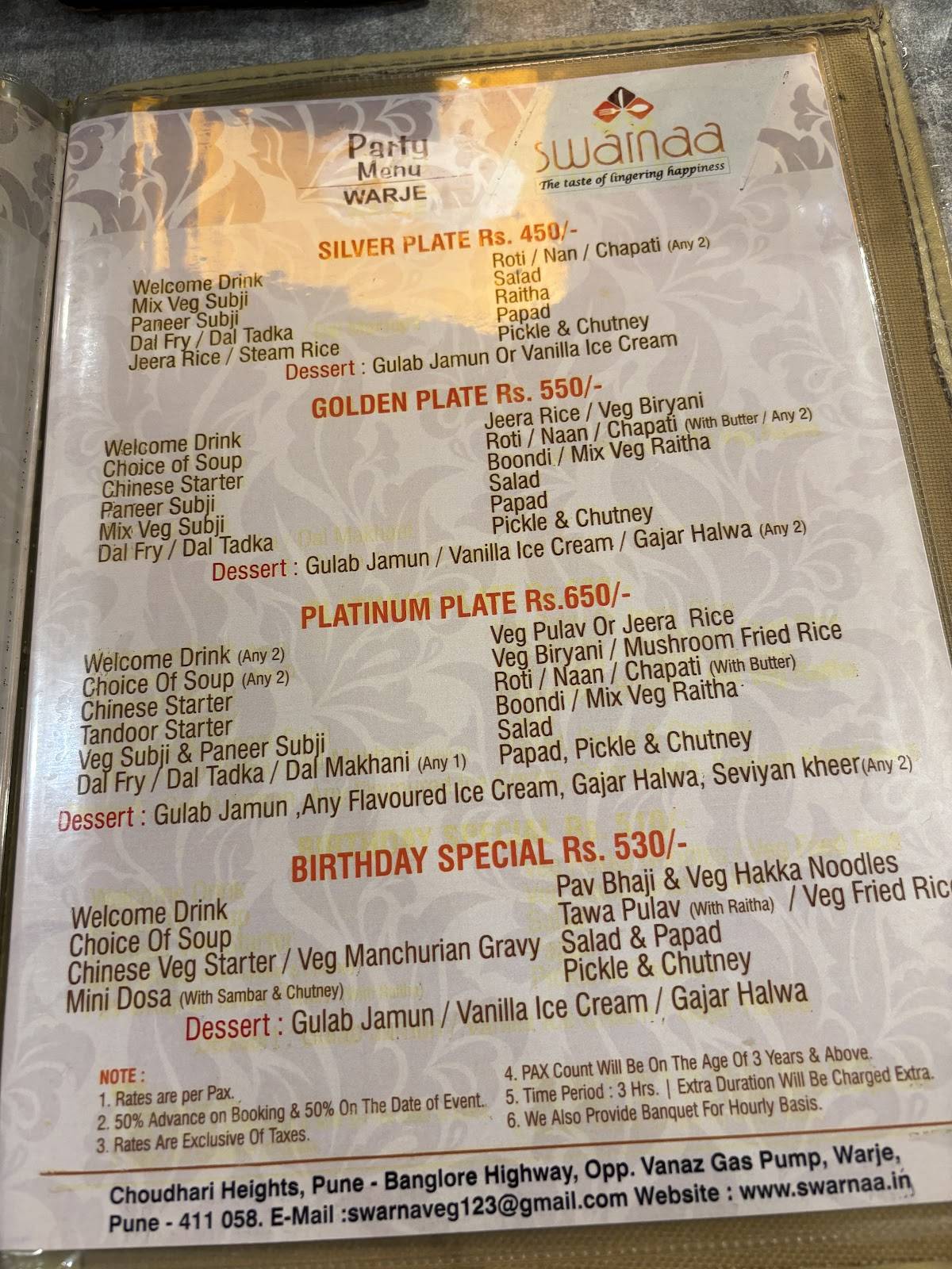 Swarnaa Vegetarian - Warje menu