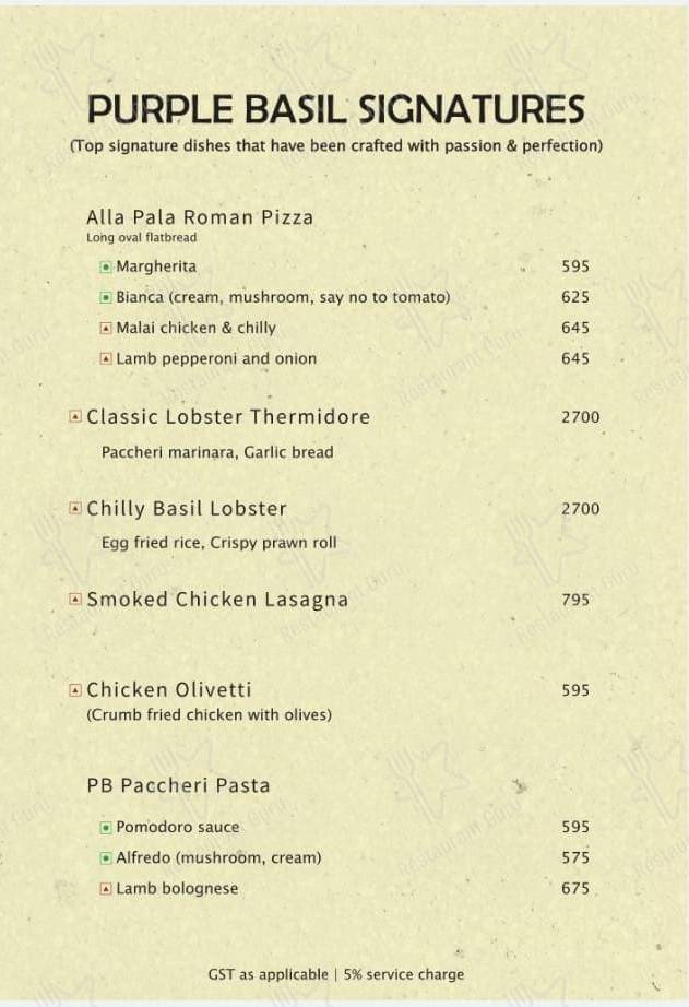 Purple Basil menu - meals and drinks