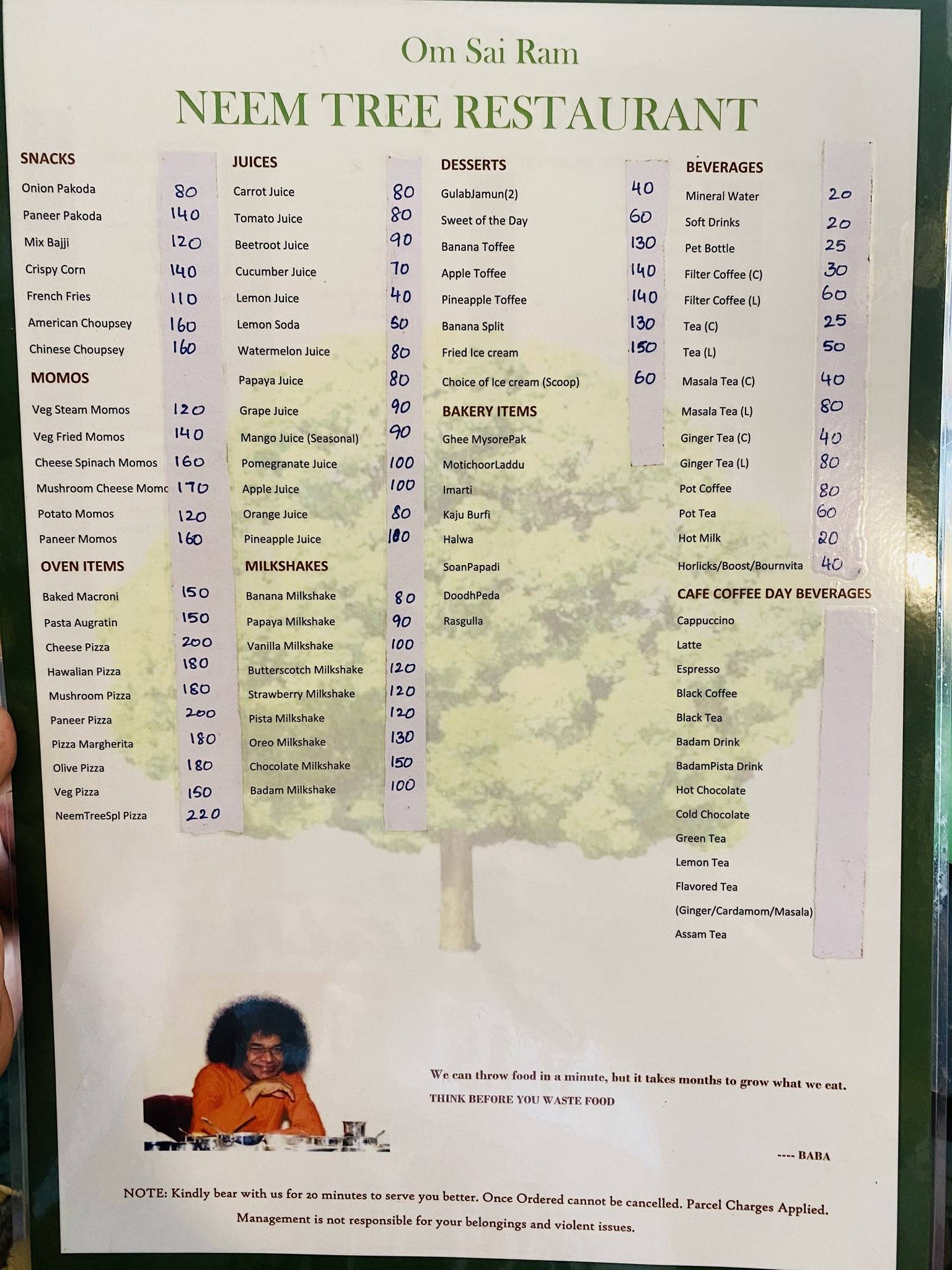 Neem Tree Restaurant Puttaparthi menu