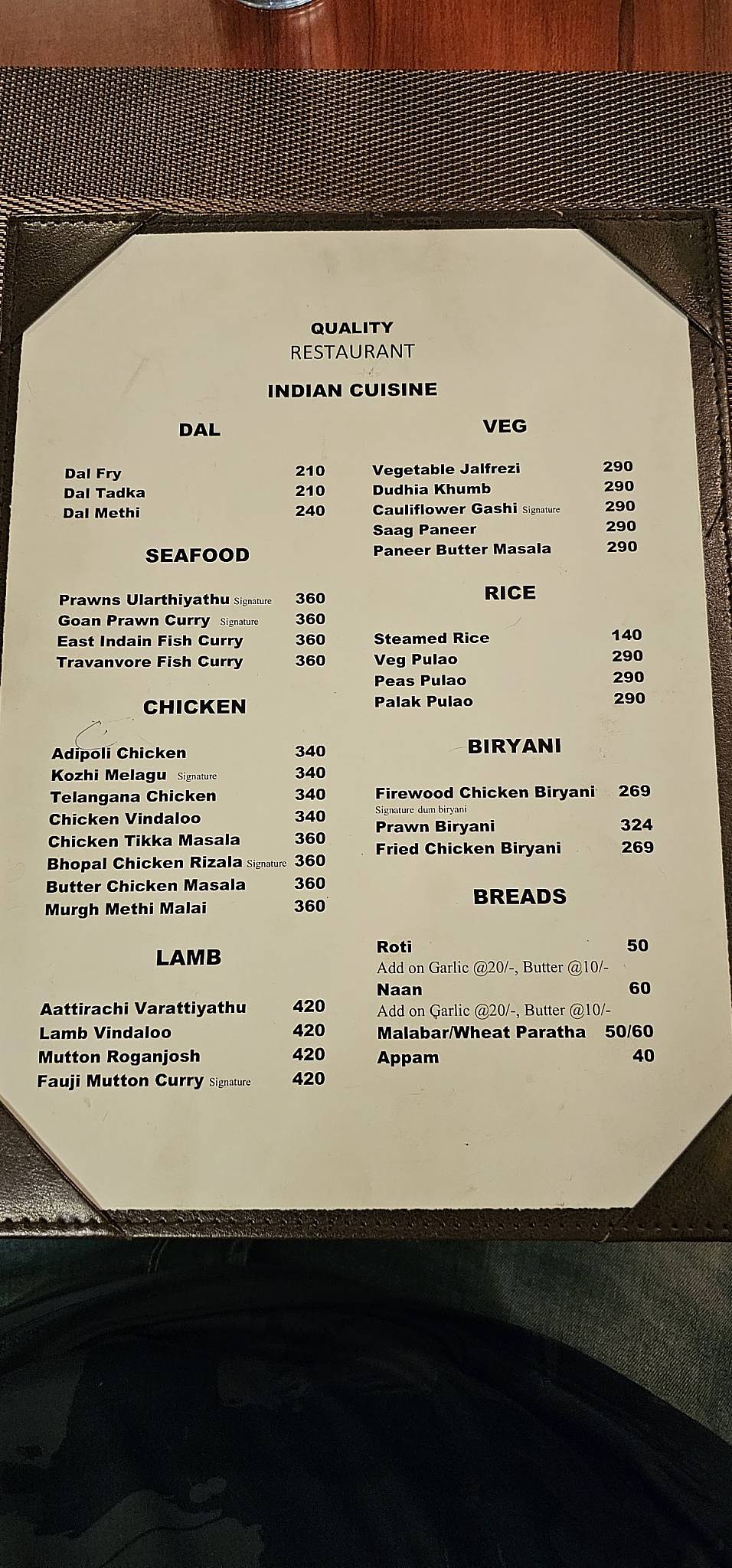 Quality Restaurant menu