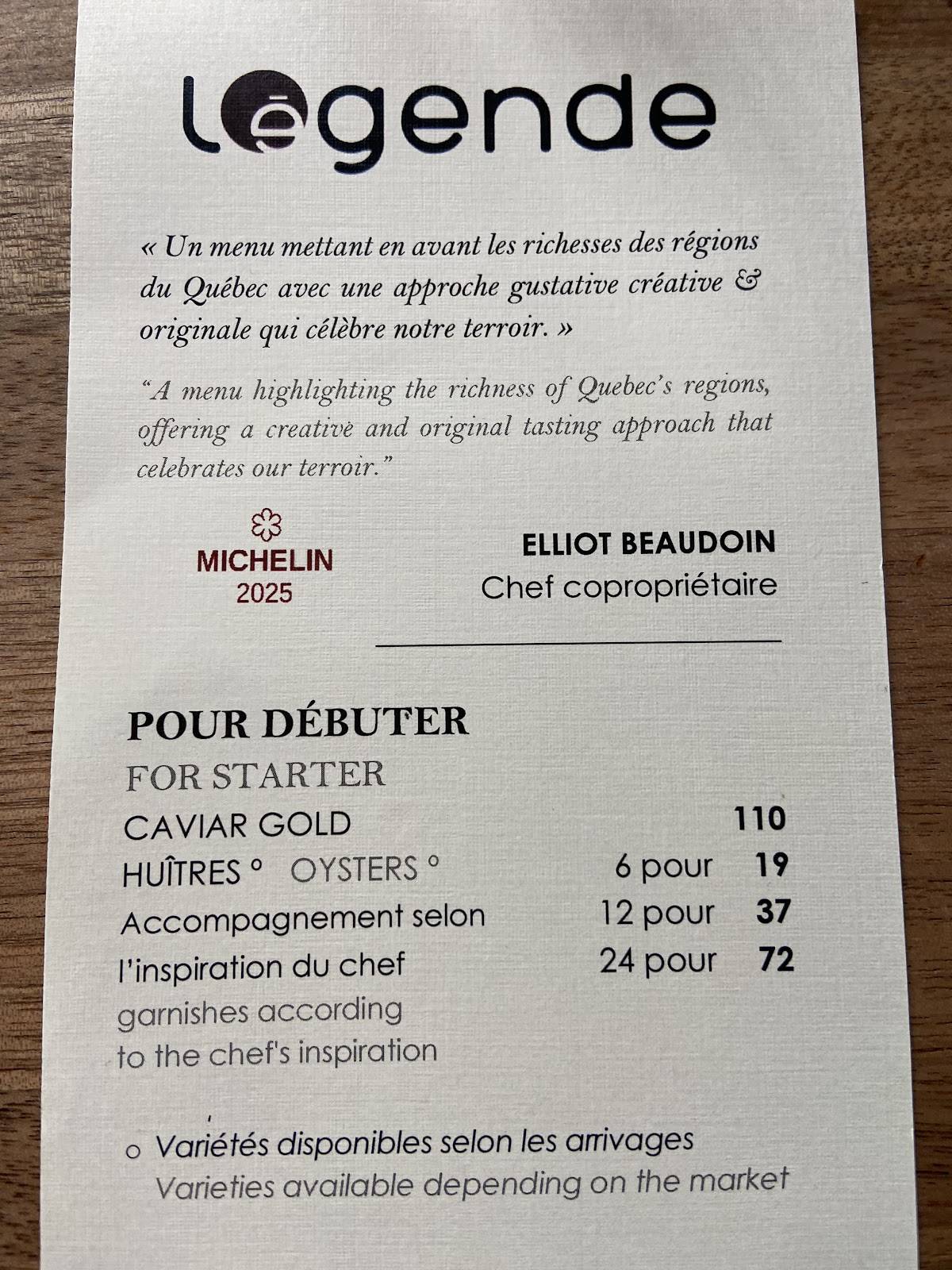 Menu de Restaurant Légende