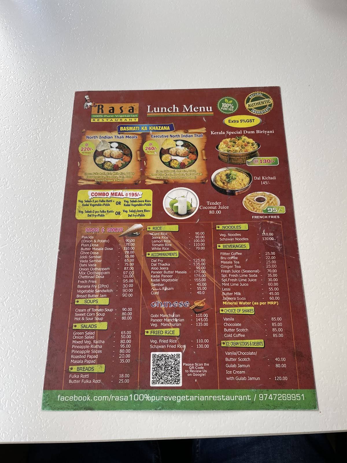 RASA PURE VEG HOTEL menu