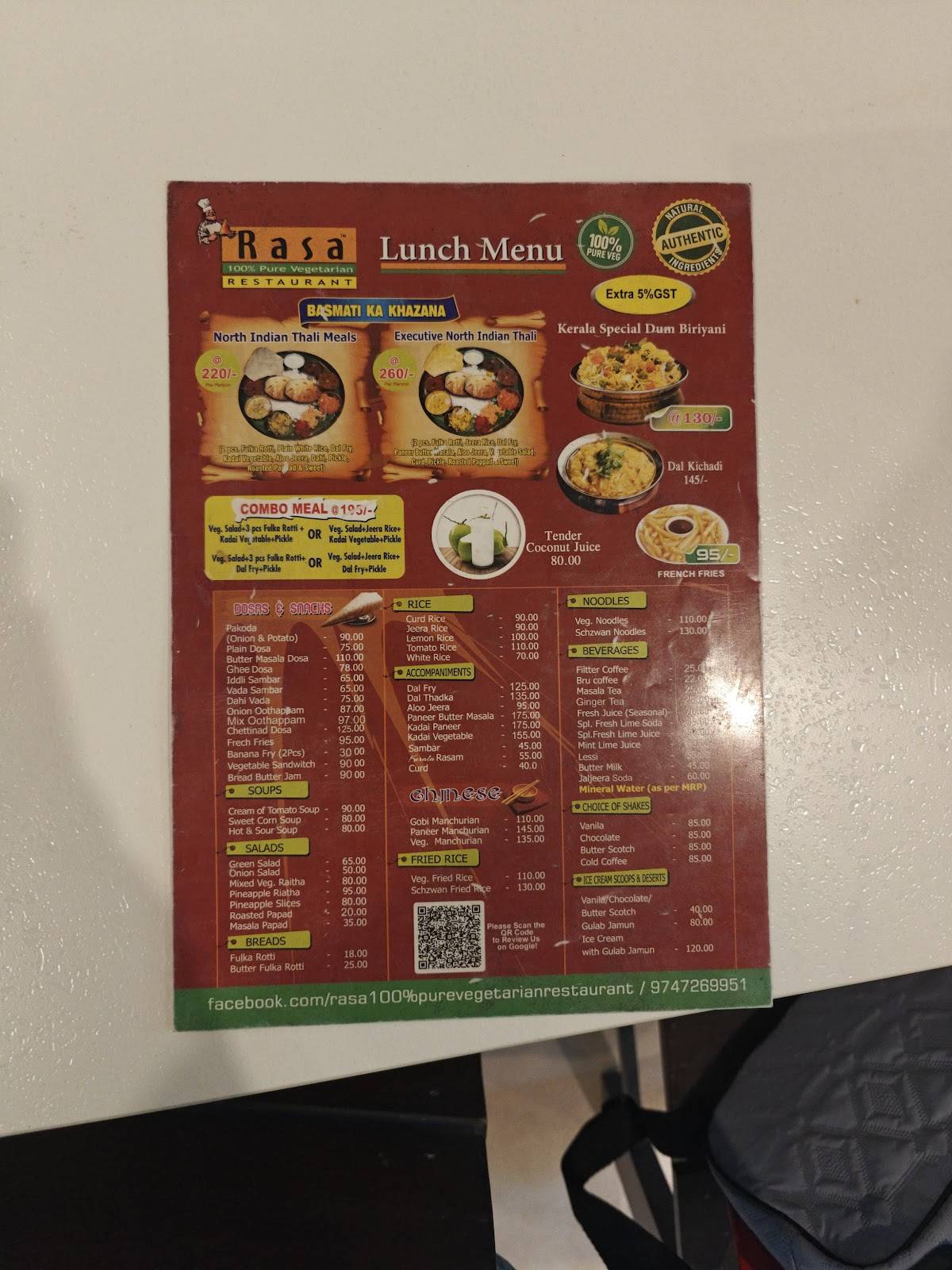 RASA PURE VEG HOTEL menu