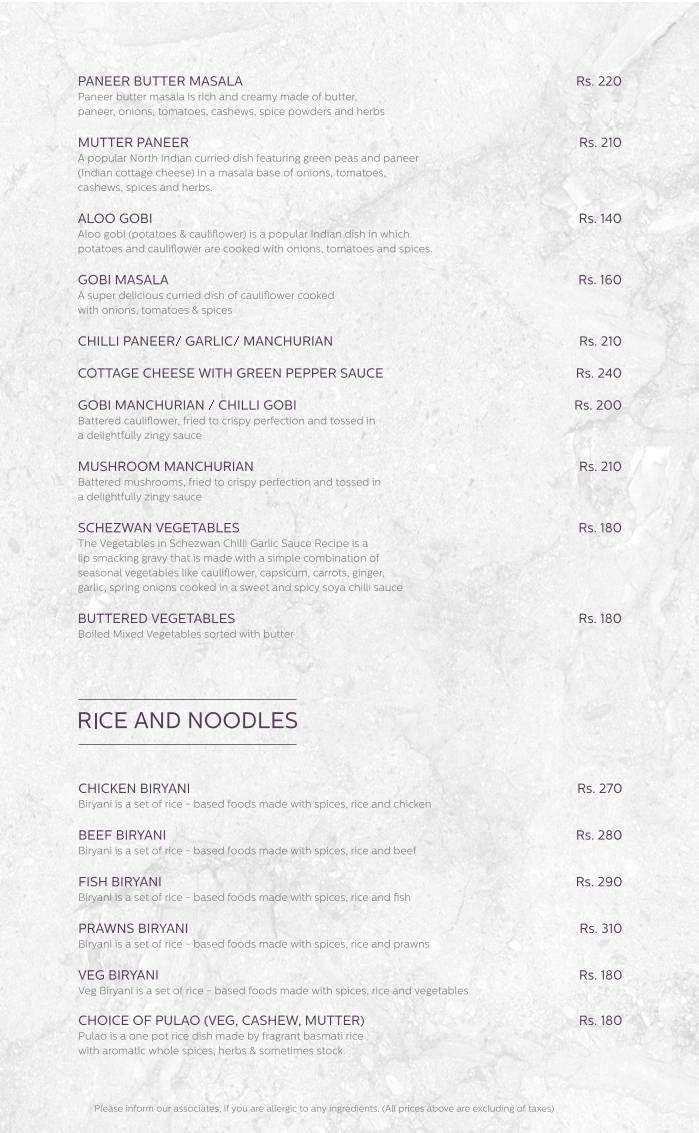 Rainfall Restaurant menu