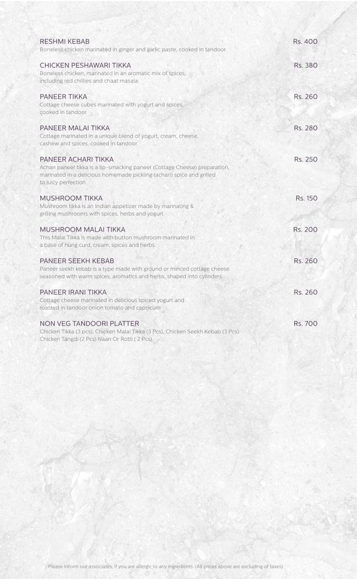 Rainfall Restaurant menu