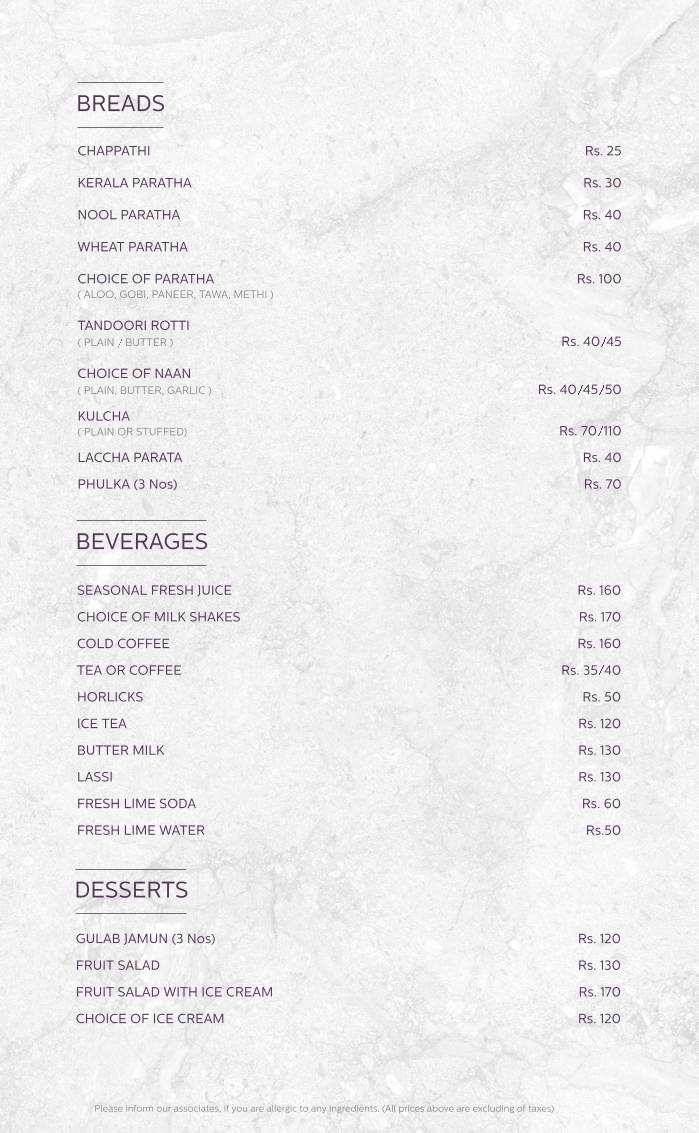Rainfall Restaurant menu
