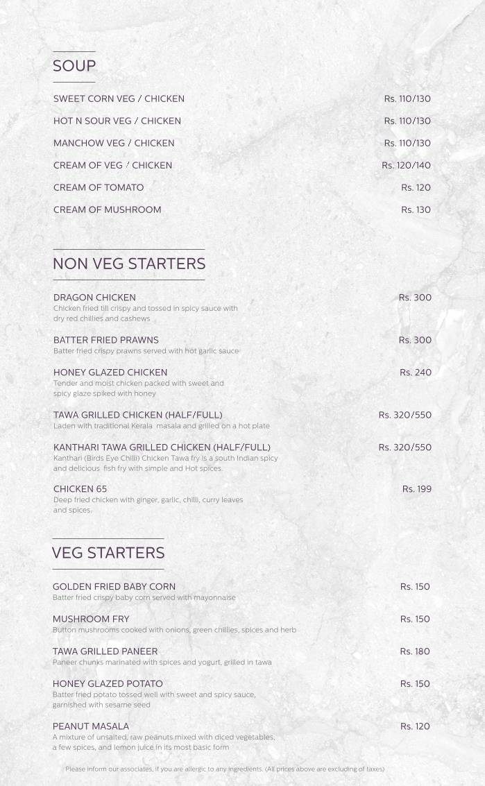 Rainfall Restaurant menu