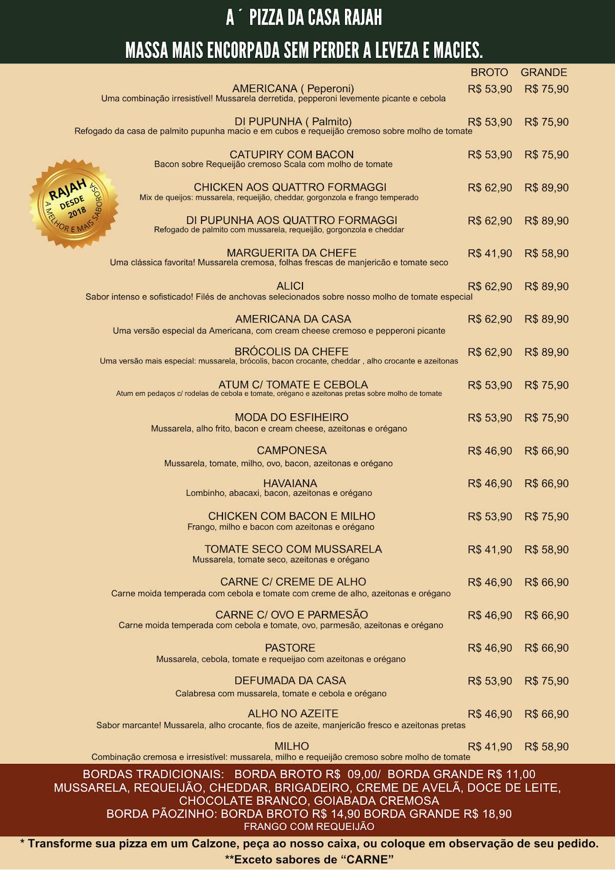 Rajah esfiharia e pizzaria cardápio