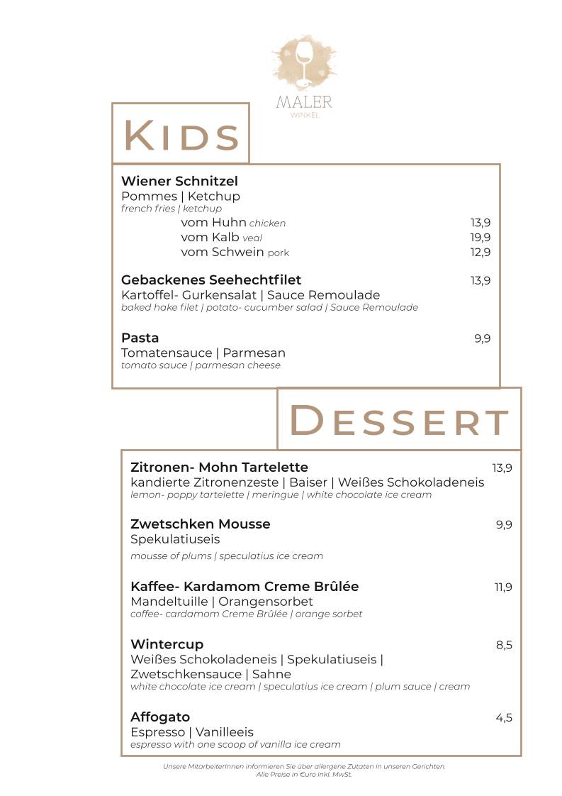 Menu de Malerwinkel Rattenberg