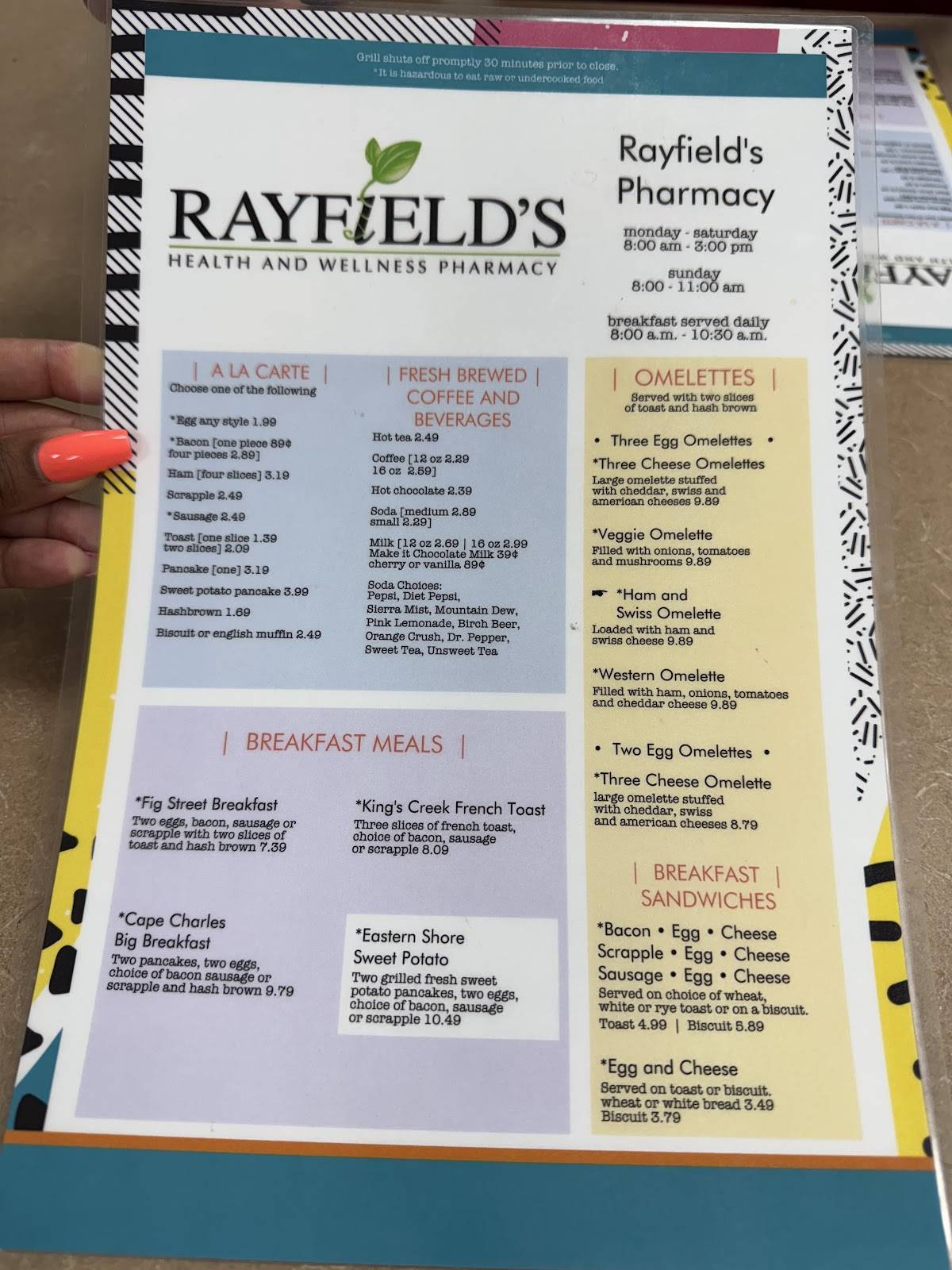 Menu at Rayfield Fountain restaurant, Cape Charles