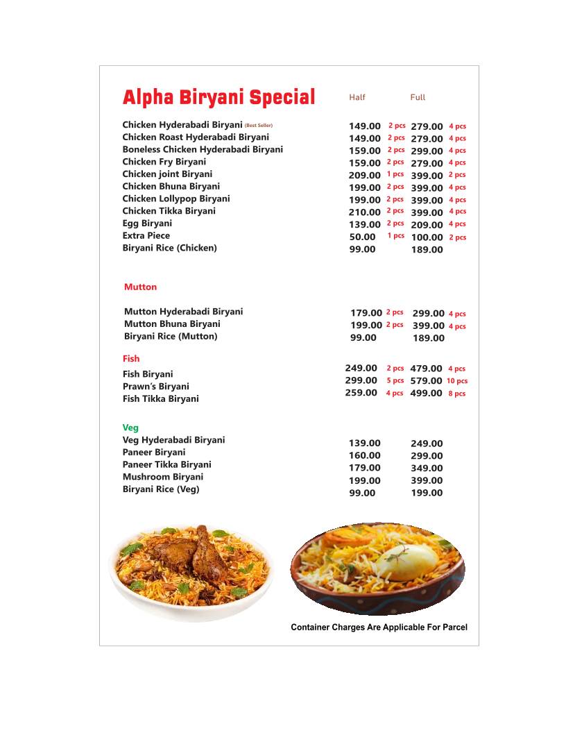 ALPHA BIRYANI HOUSE menu