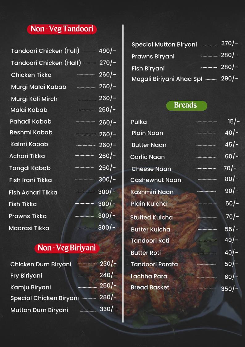 Ahaa restaurant menu
