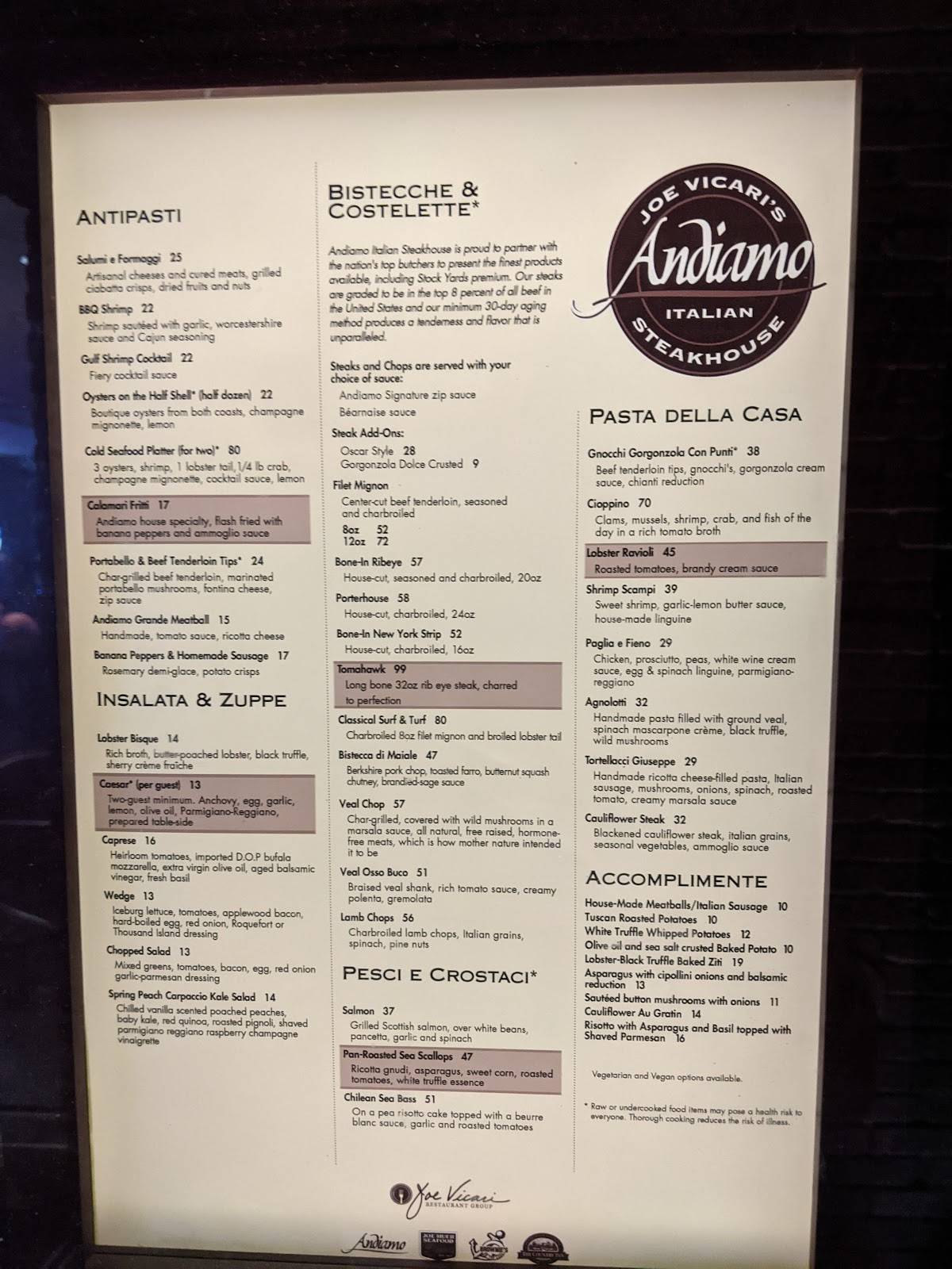 Menu at Andiamo Steakhouse, Las Vegas