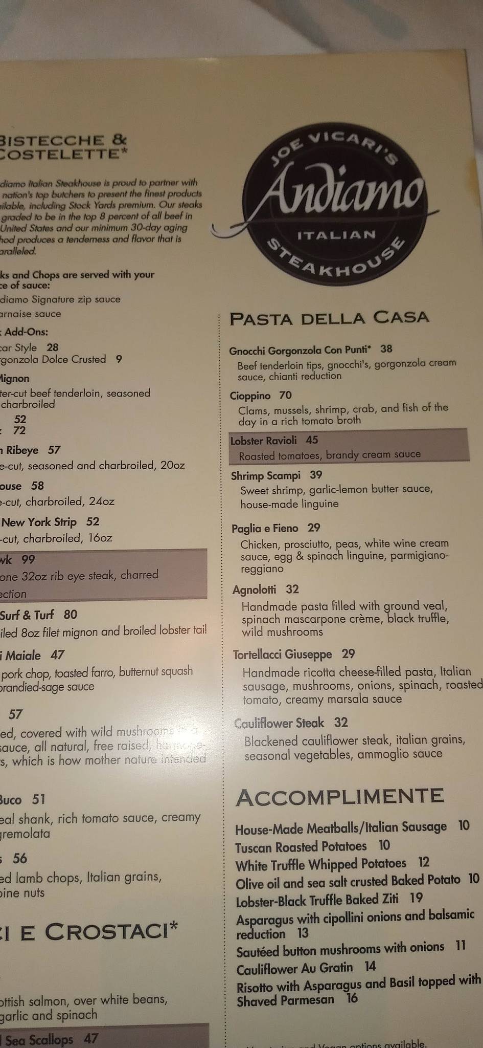Menu at Andiamo Steakhouse, Las Vegas