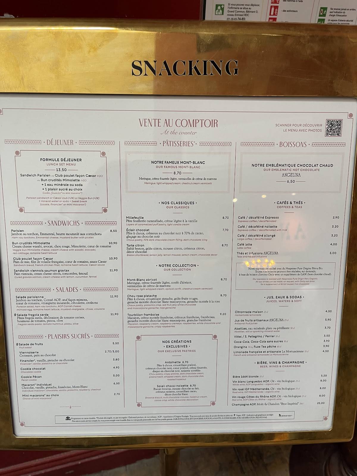 Menu de Angelina Paris – Château de Versailles, Salon de thé-restaurant