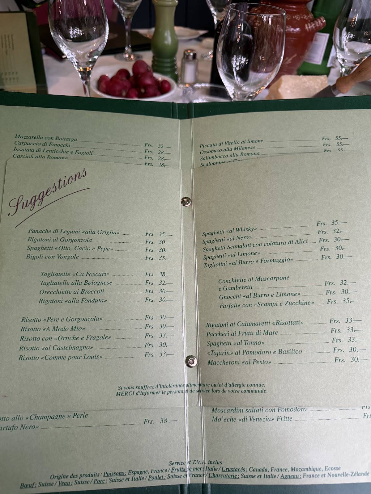 Menu de Auberge d'Onex