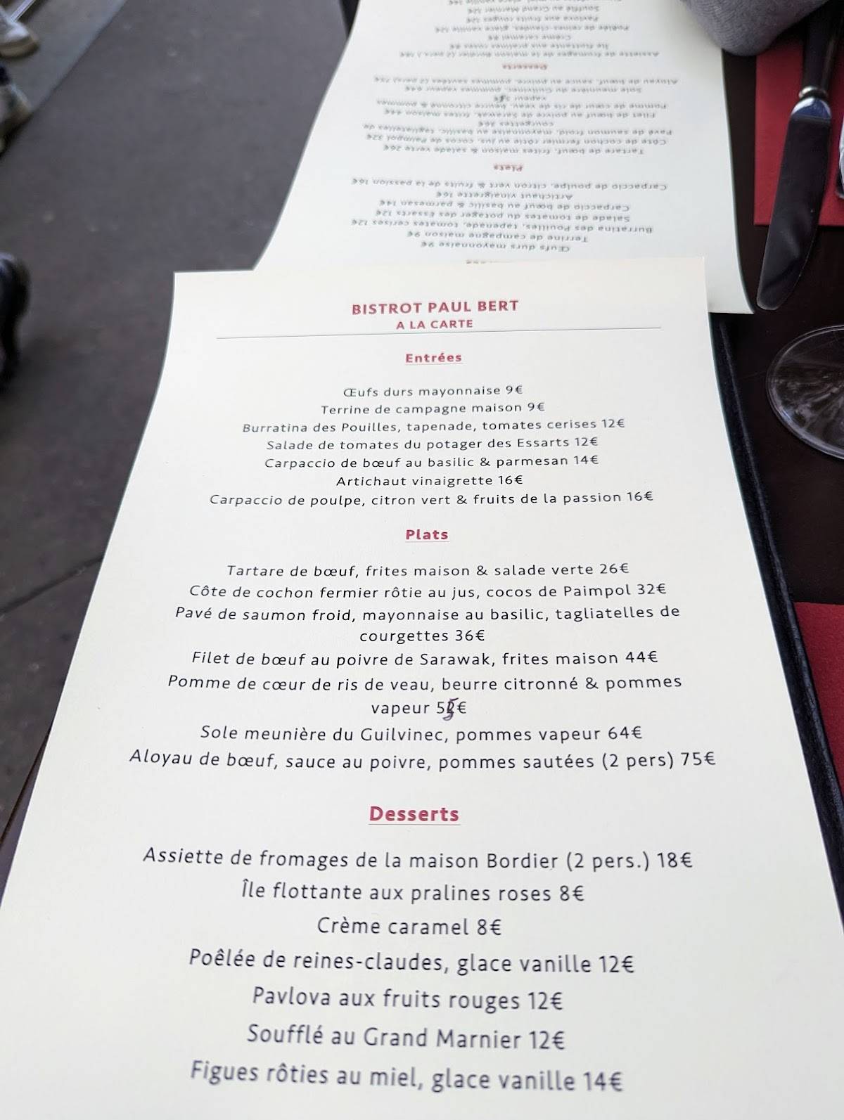 Menu at Bistrot Paul Bert restaurant, Paris