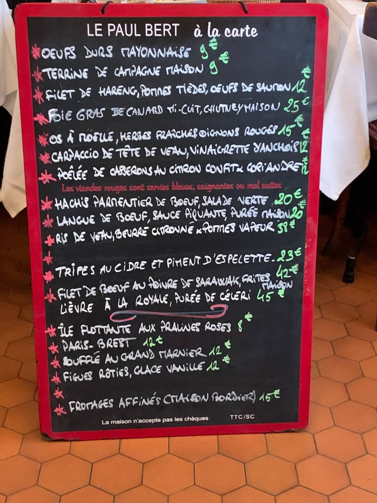 Menu at Bistrot Paul Bert restaurant, Paris