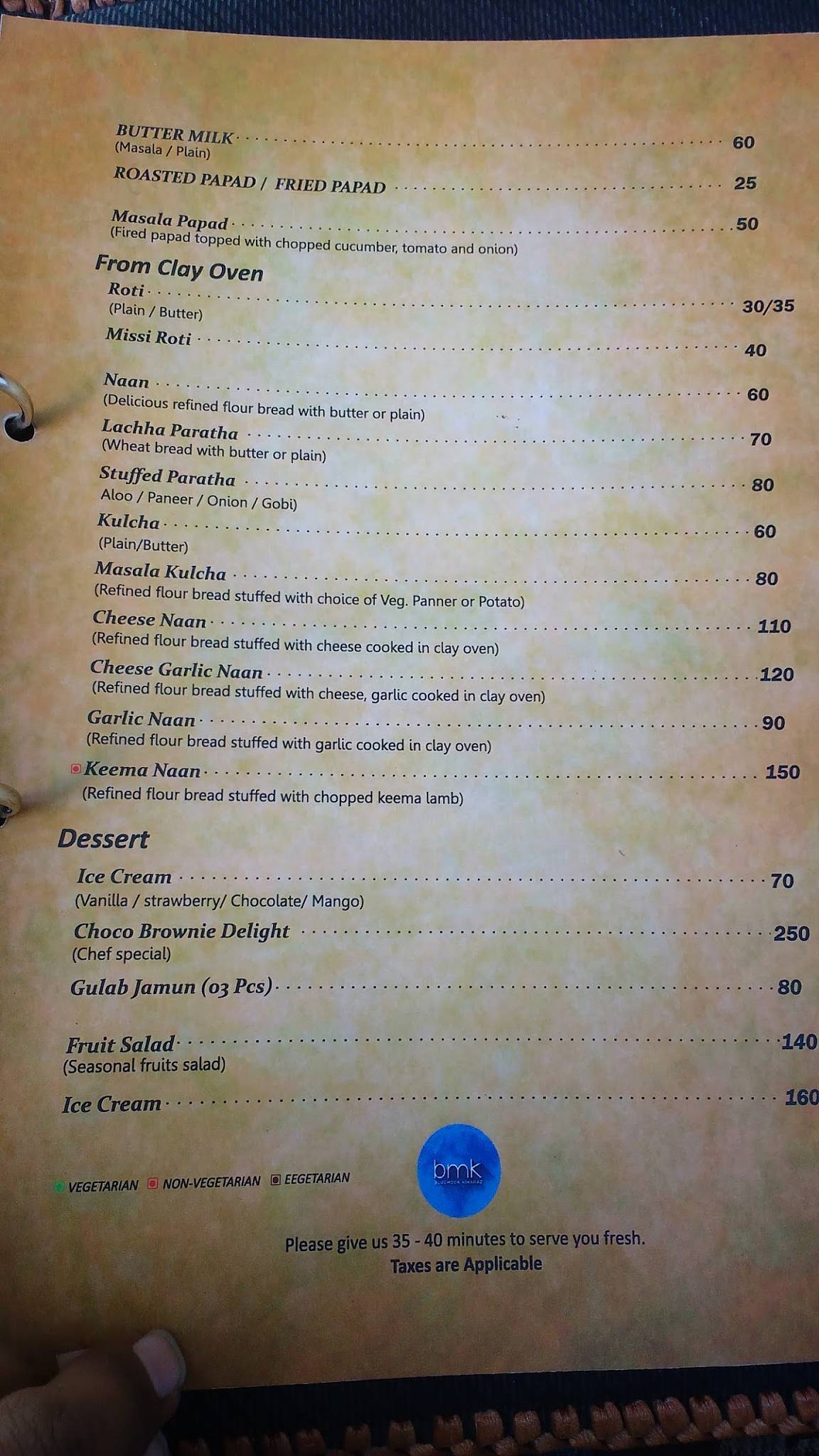 Bluemoon Kinaraz menu