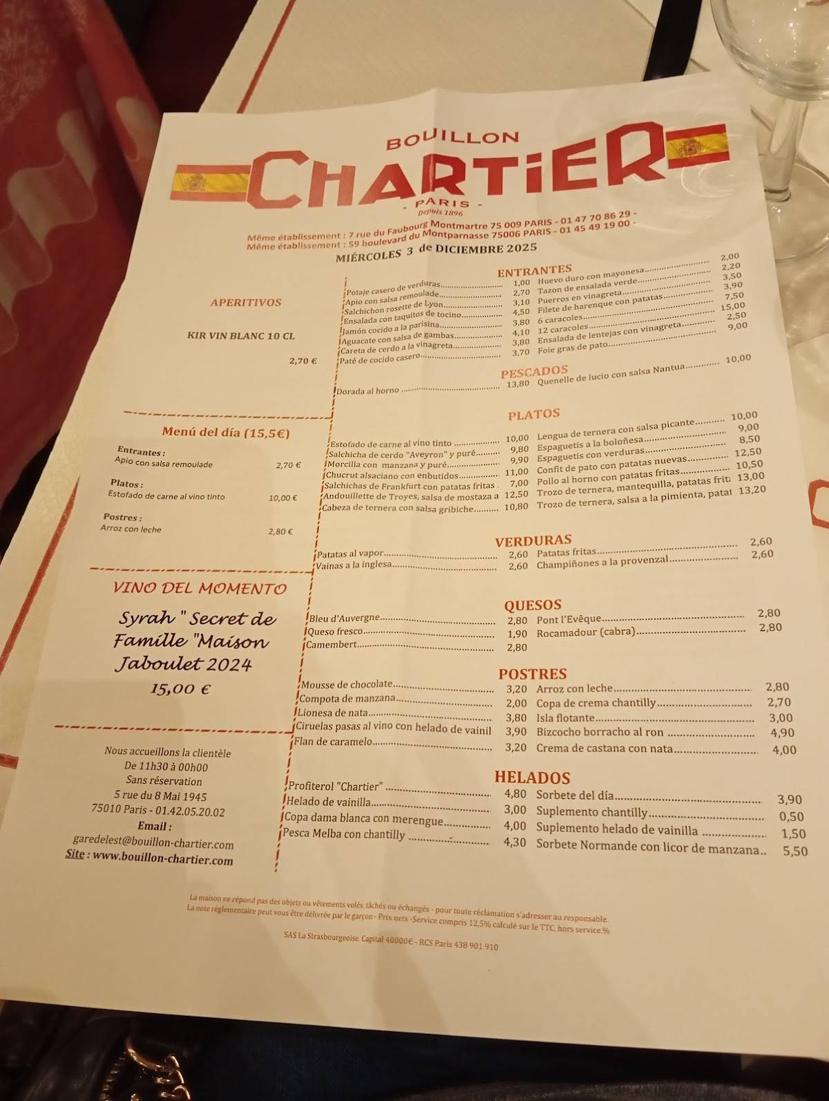 Menu de Bouillon Chartier Gare de l'Est