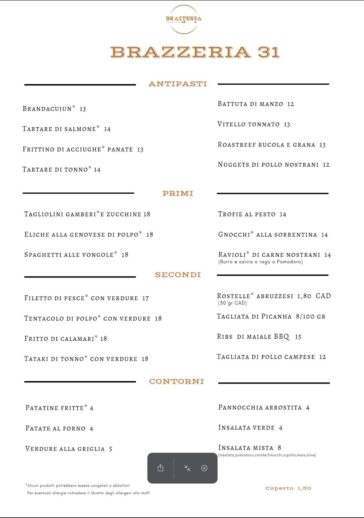 Menu di Brazzeria 31 - Pizzeria e Brasserie a Ventimiglia 