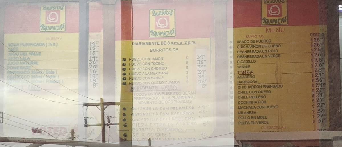Menu at Burritos Aquimichú restaurant, Ciudad Juarez
